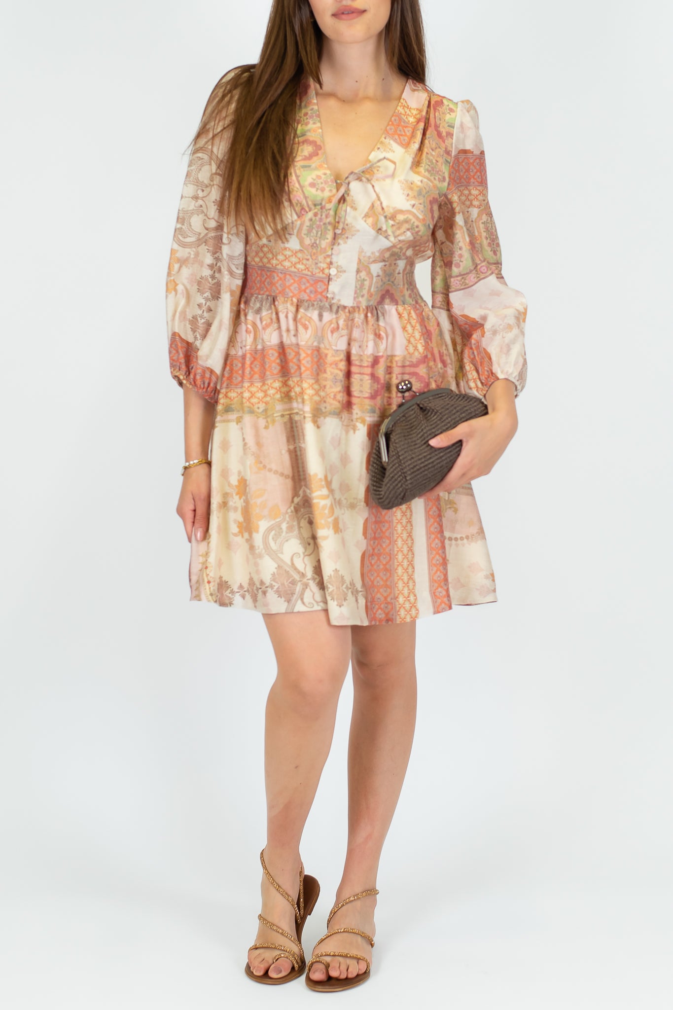 Tensione in - Abito corto in misto lino fantasia