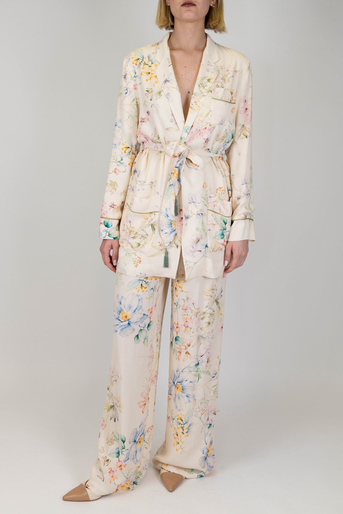 Dixie - Giacca fantasia floreale in viscosa con taschini e cintura in tessuto