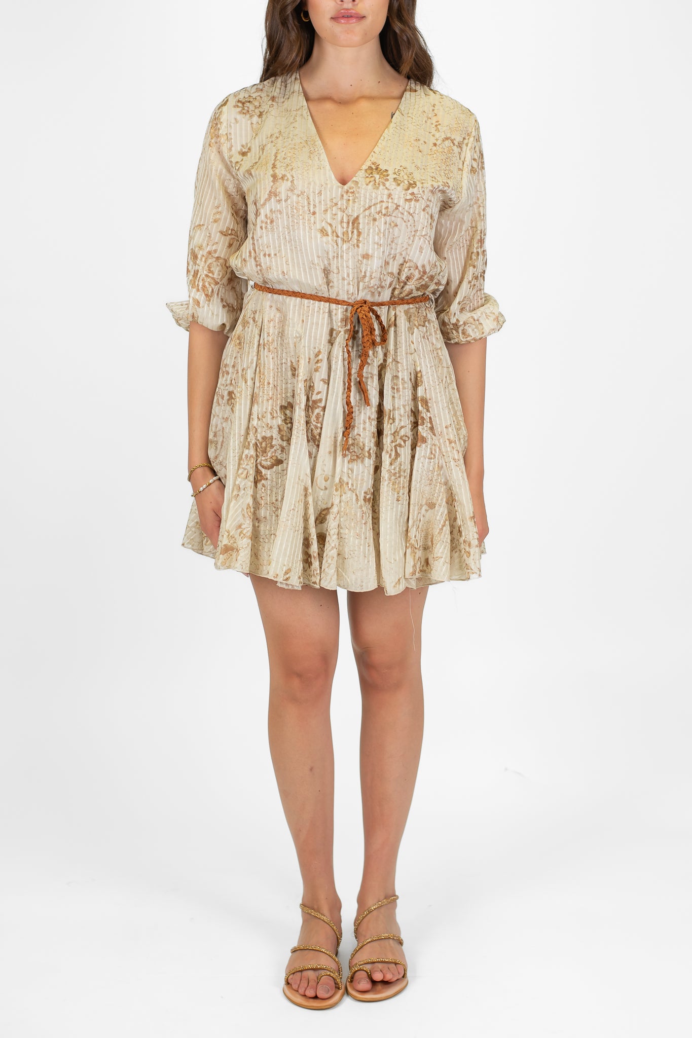 Dixie - Abito corto fantasia astratta in misto seta con scollo a V e mezzamanica