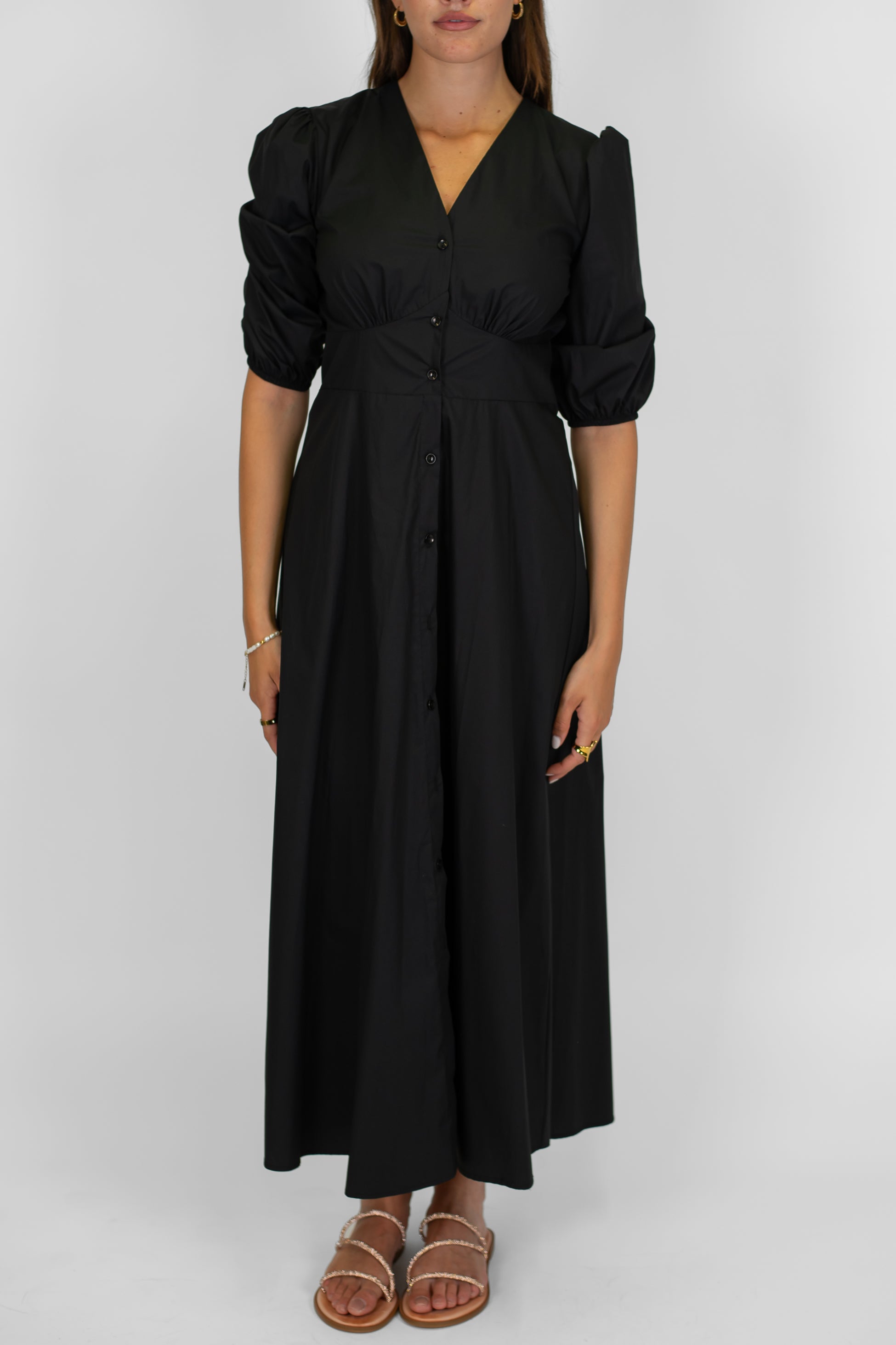 Tensione in - Abito lungo in cotone scollo v con bottoncini