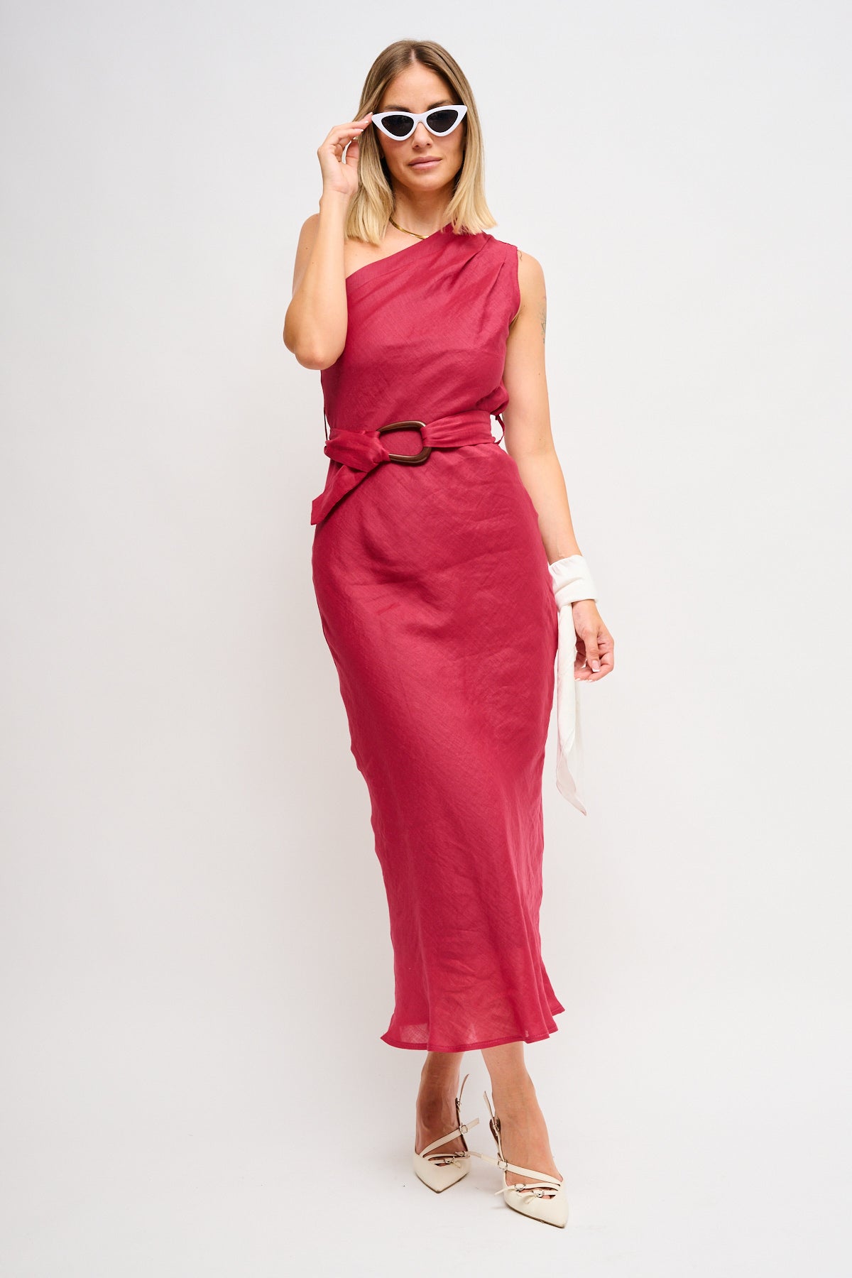 Maryley - Abito lungo monospalla in lino con cintura in vita