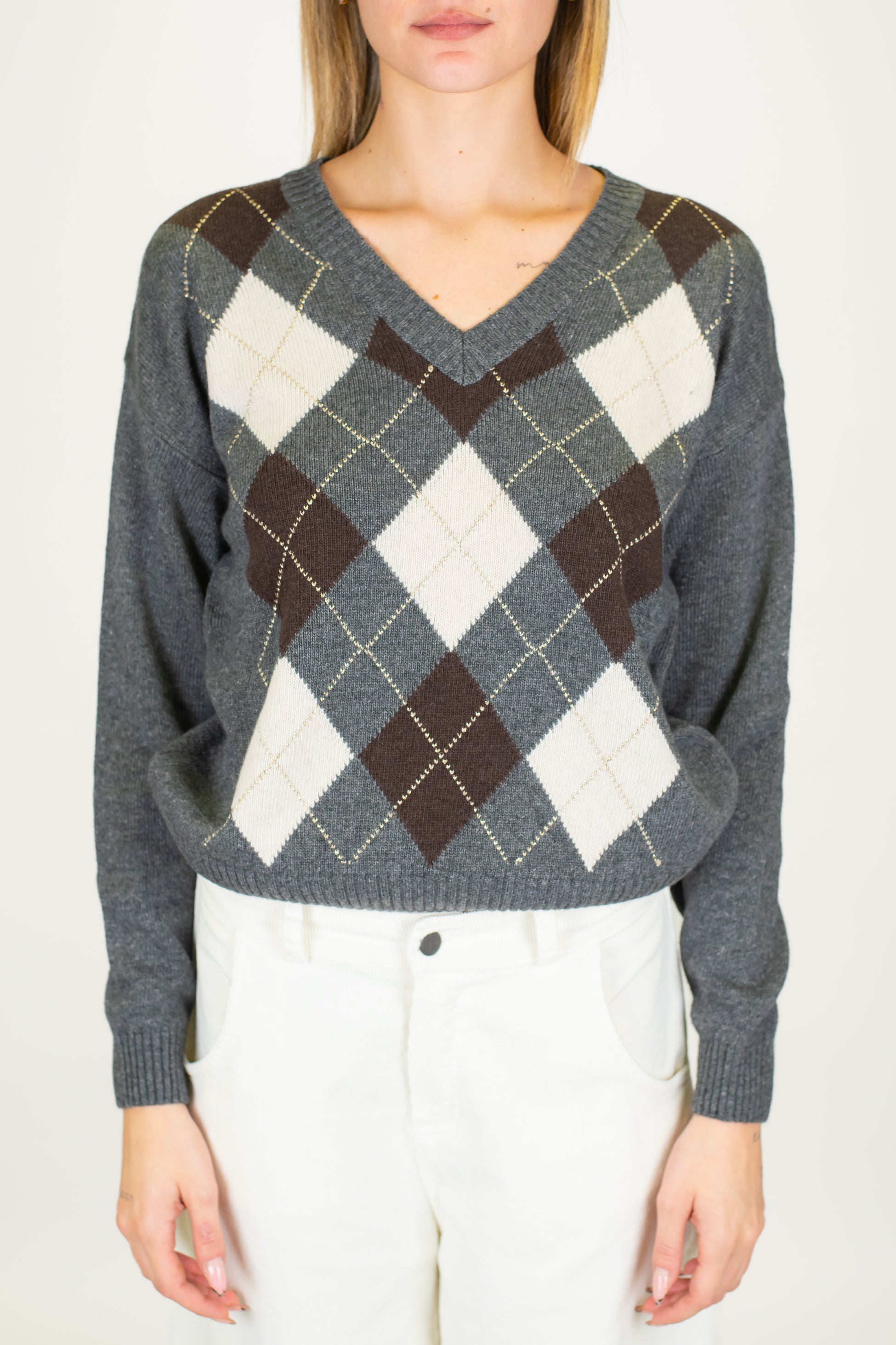 Tensione in - Maglia scollo V in misto lana fantasia rombi