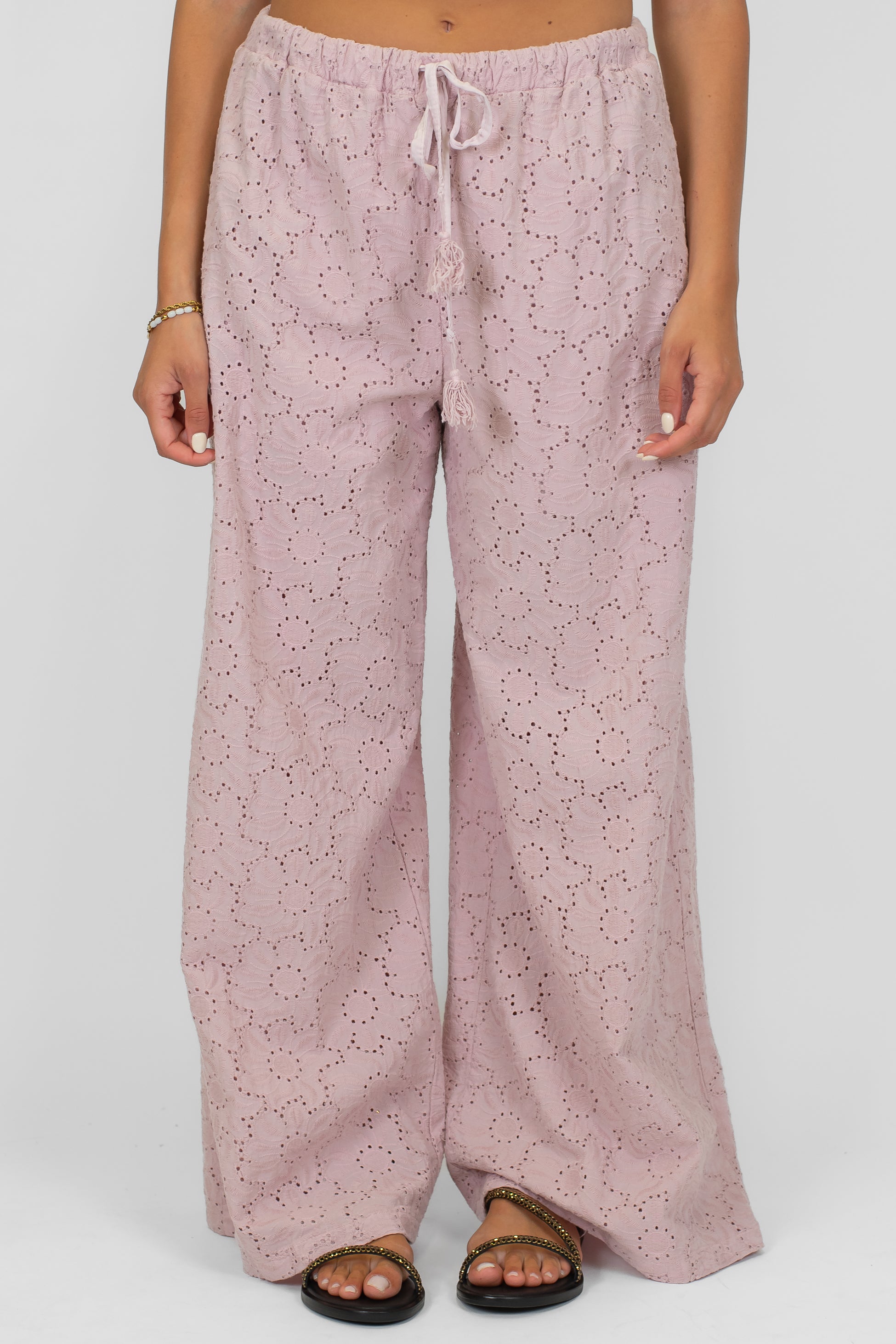 Tensione in - Pantalone palazzo in pizzo sangallo con coulisse