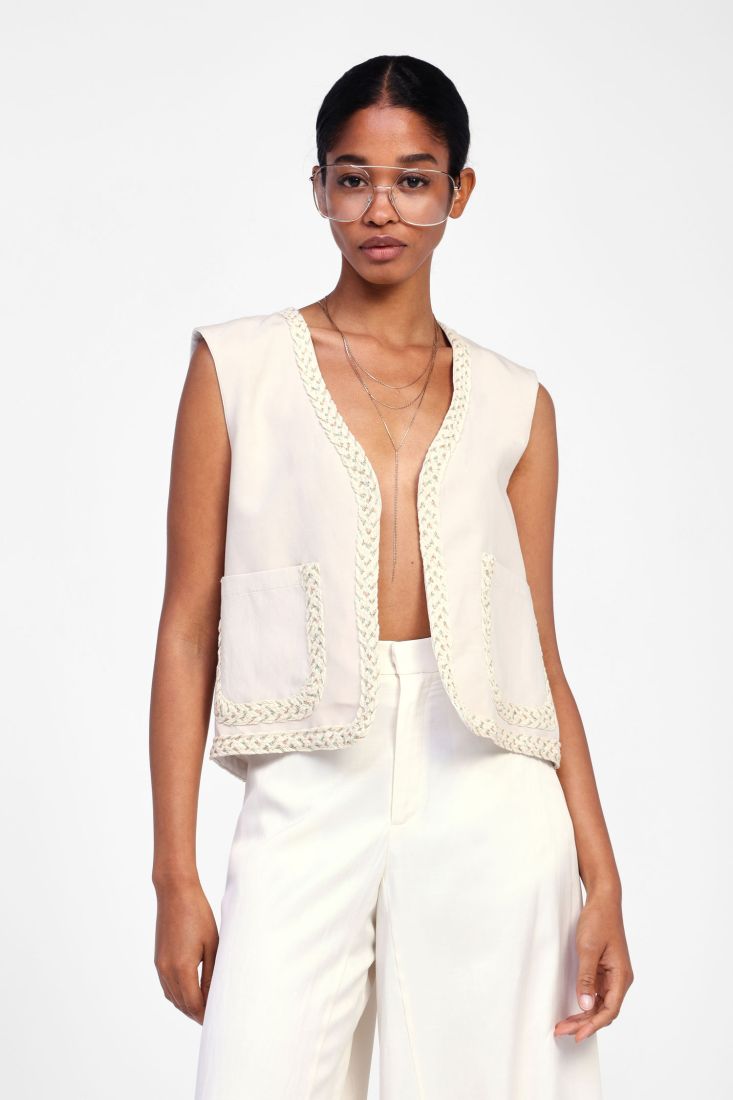 Dixie - Gilet in misto lino con dettagli ricamati e tasche