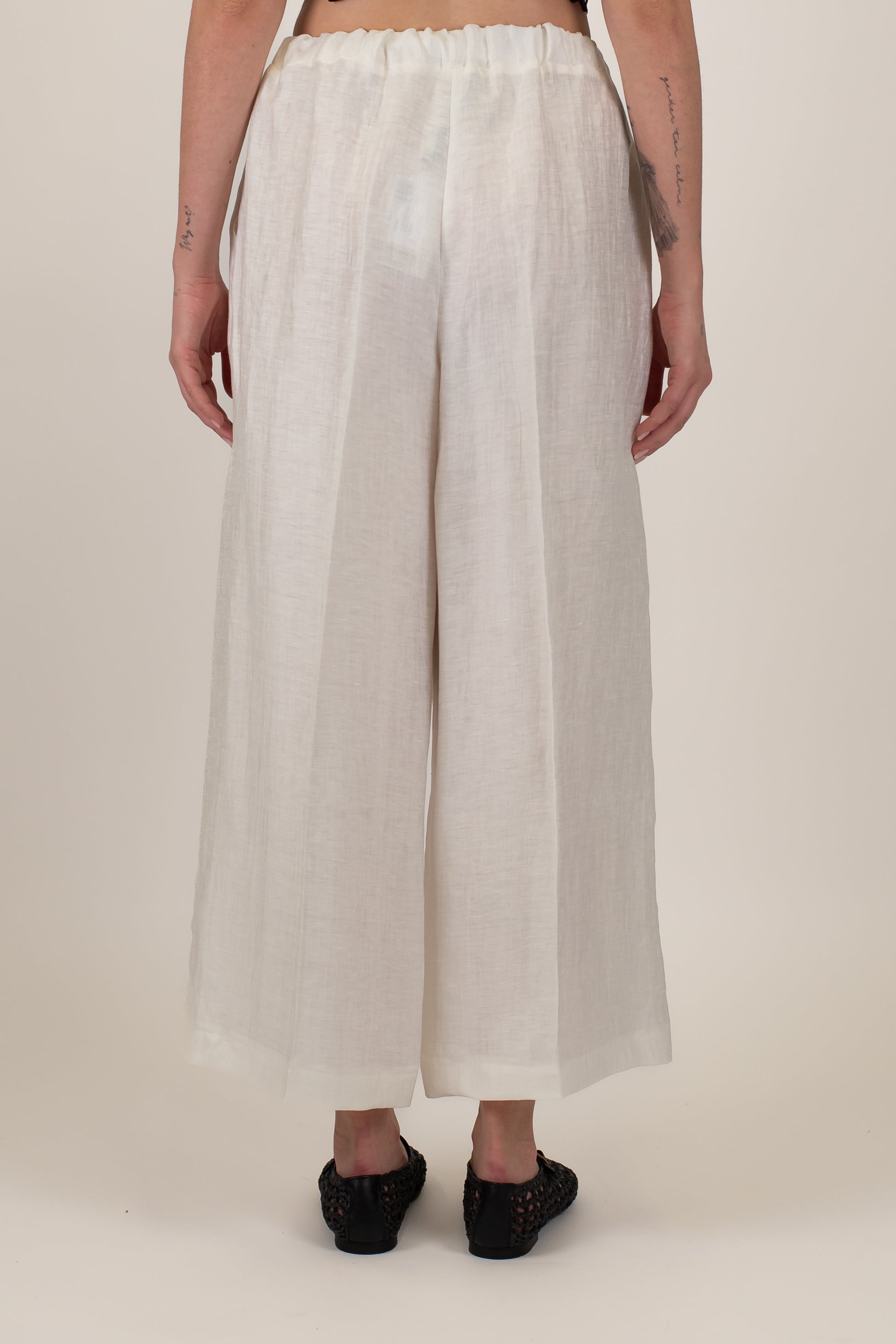 Maryley - Pantalone regular in lino con ricami ed elastico in vita