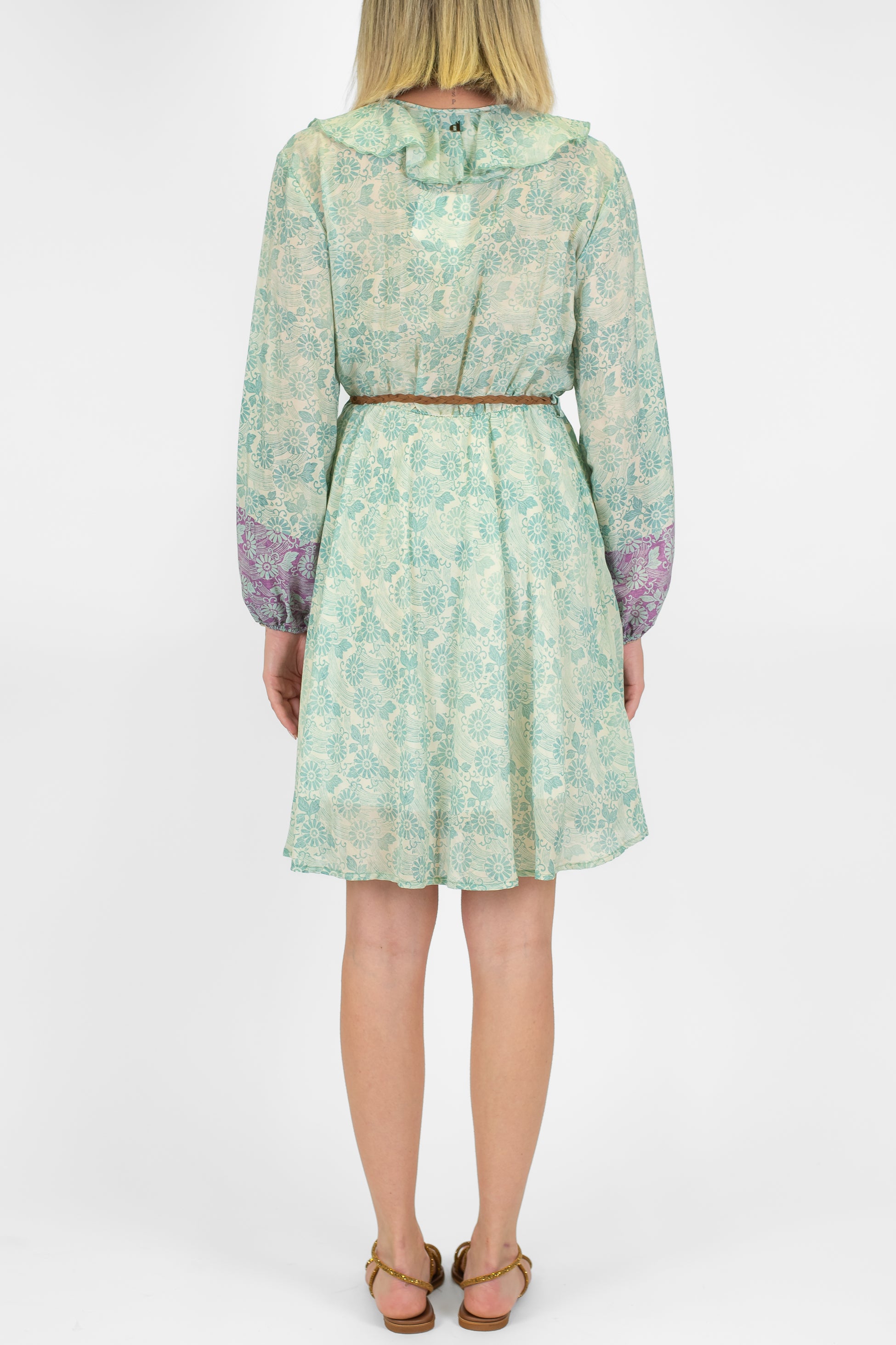 Dixie - Abito corto fantasia floreale in misto seta con scollo a V e rouches