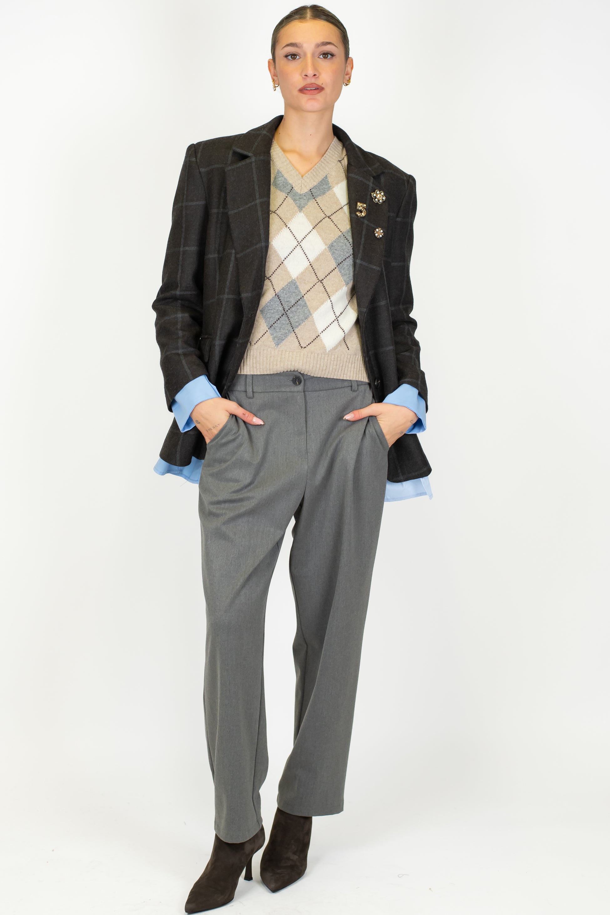 Motel - Giacca fantasia check in misto lana con spille e