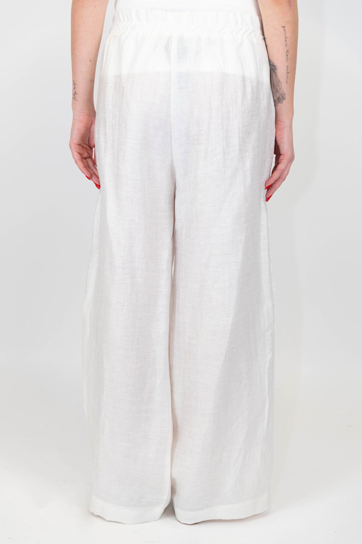 Maryley - Pantalone palazzo in lino con ricami ed elastico in vita