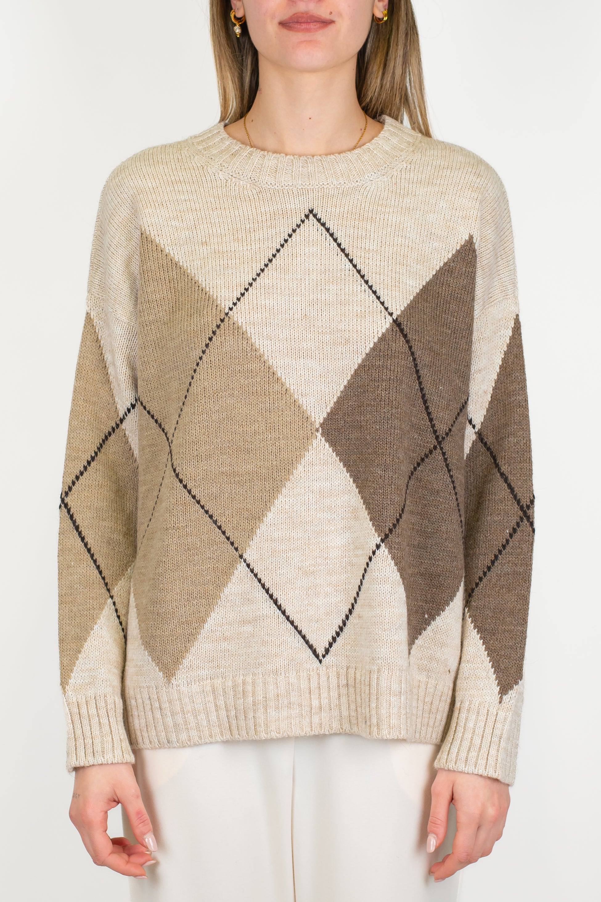 Tensione in - Maglia girocollo over in misto lana fantasia rombi