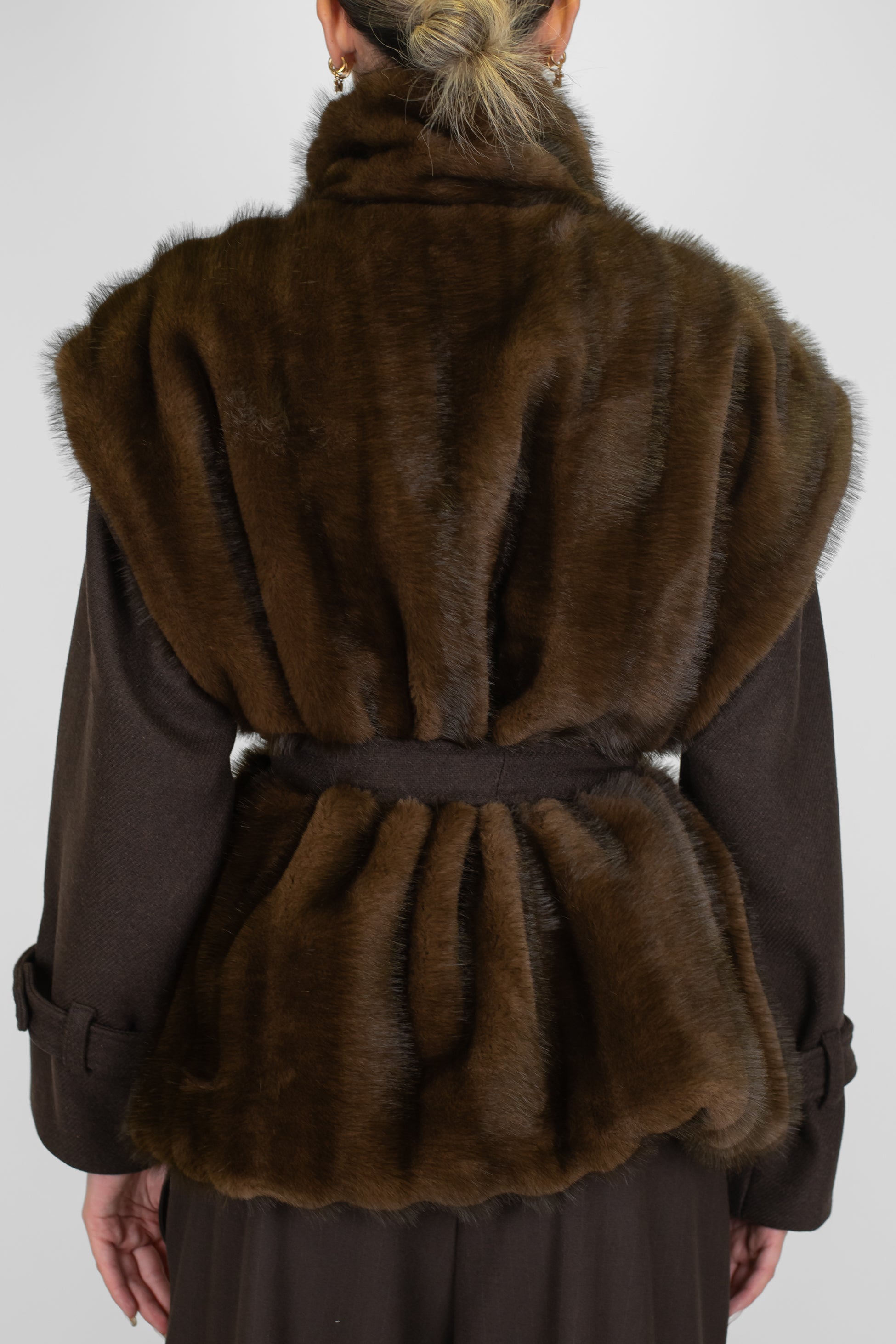 Motel - Ecopelliccia con maniche fantasia diagonale e cintura in tessuto