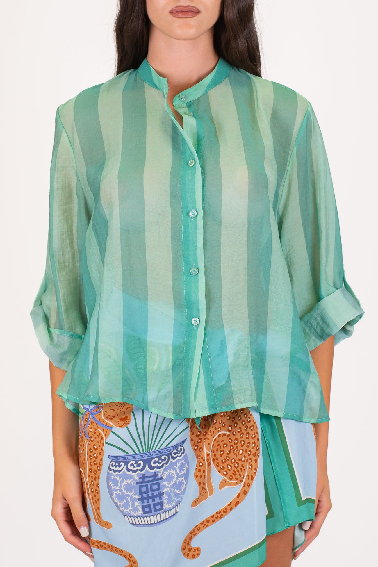 Haveone - Camicia fantasia a righe a contrasto in lyocell con manica tre quarti