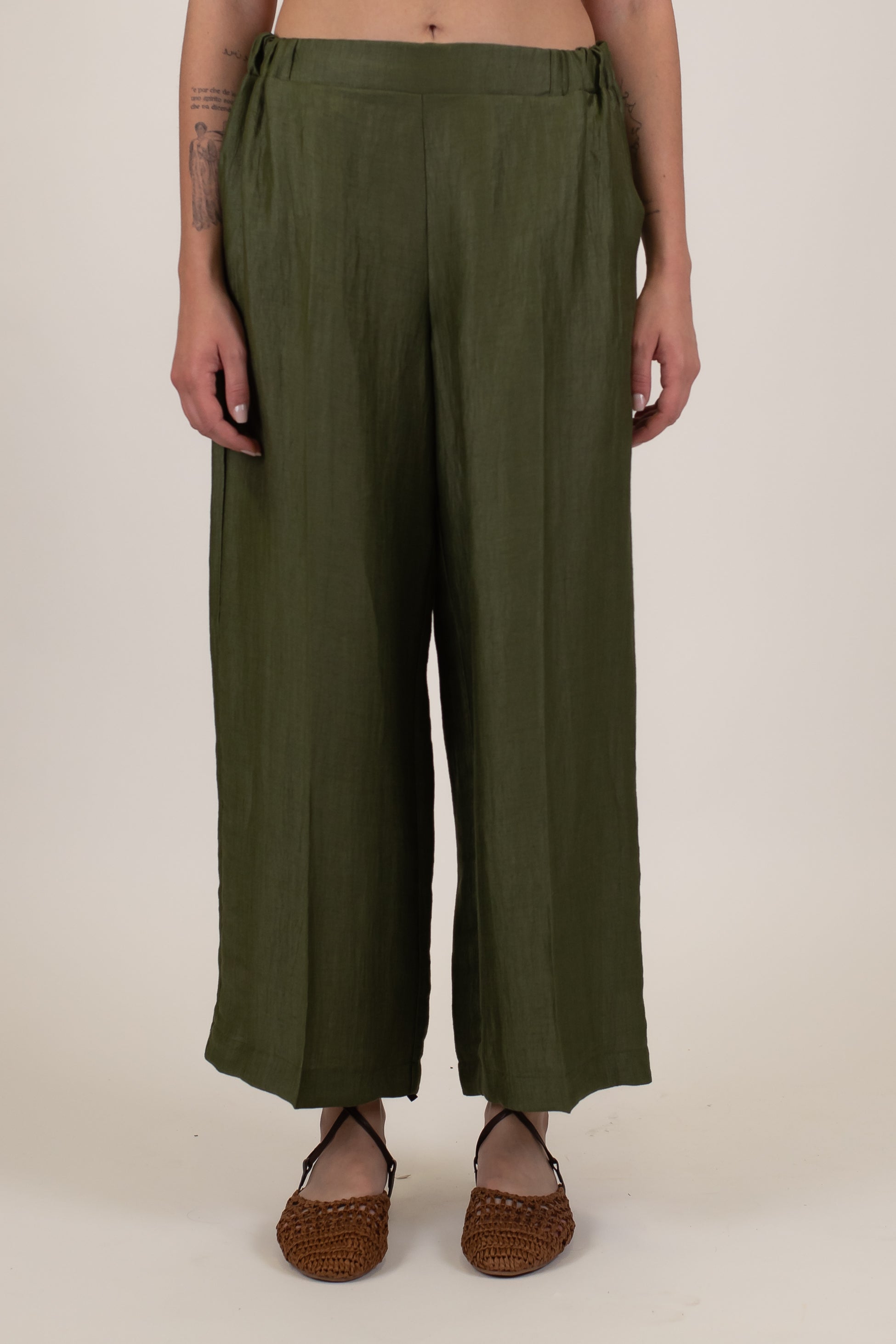 Maryley - Pantalone regular in lino con ricami ed elastico in vita