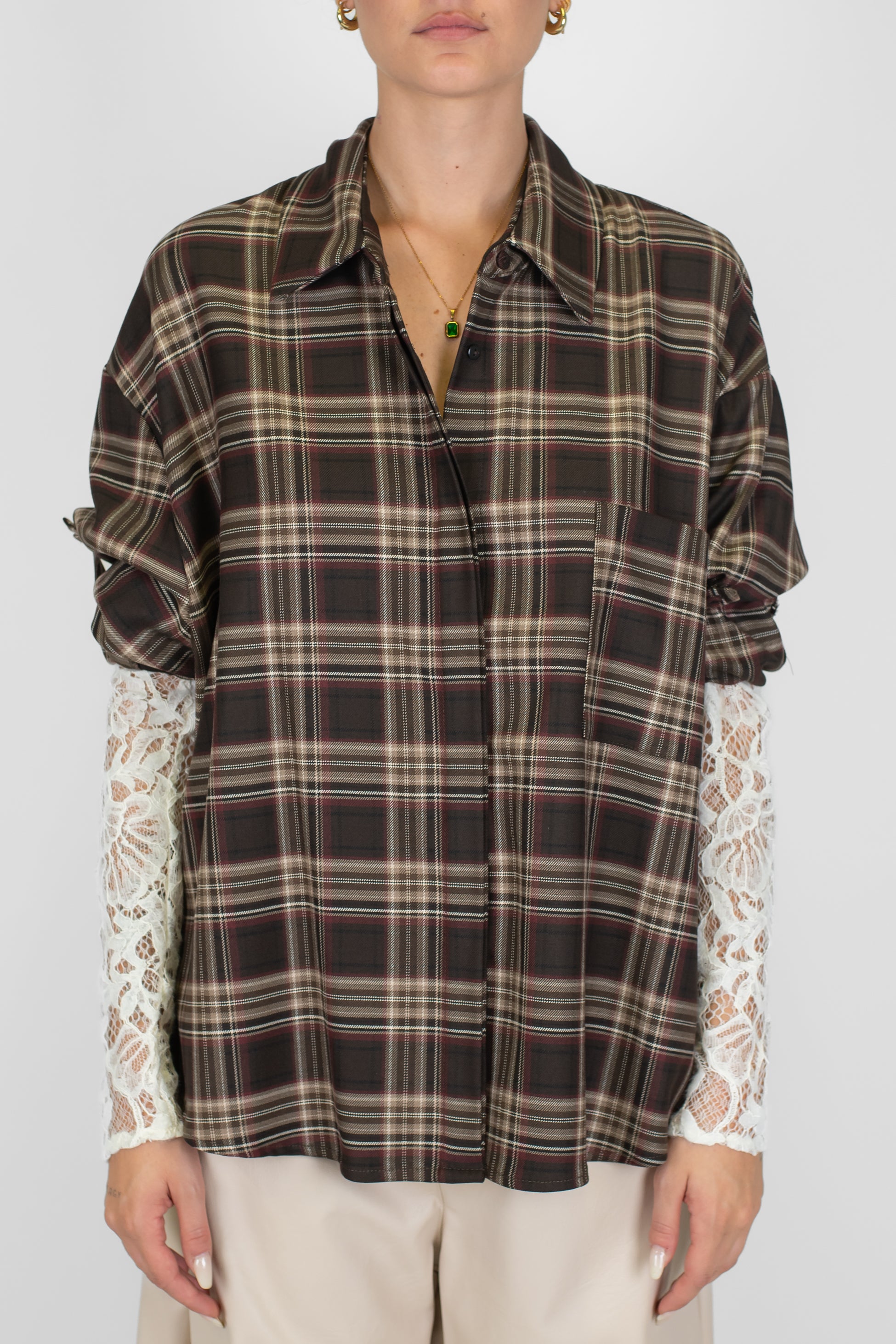 Haveone - Camicia fantasia quadri con estensione manica in pizzo