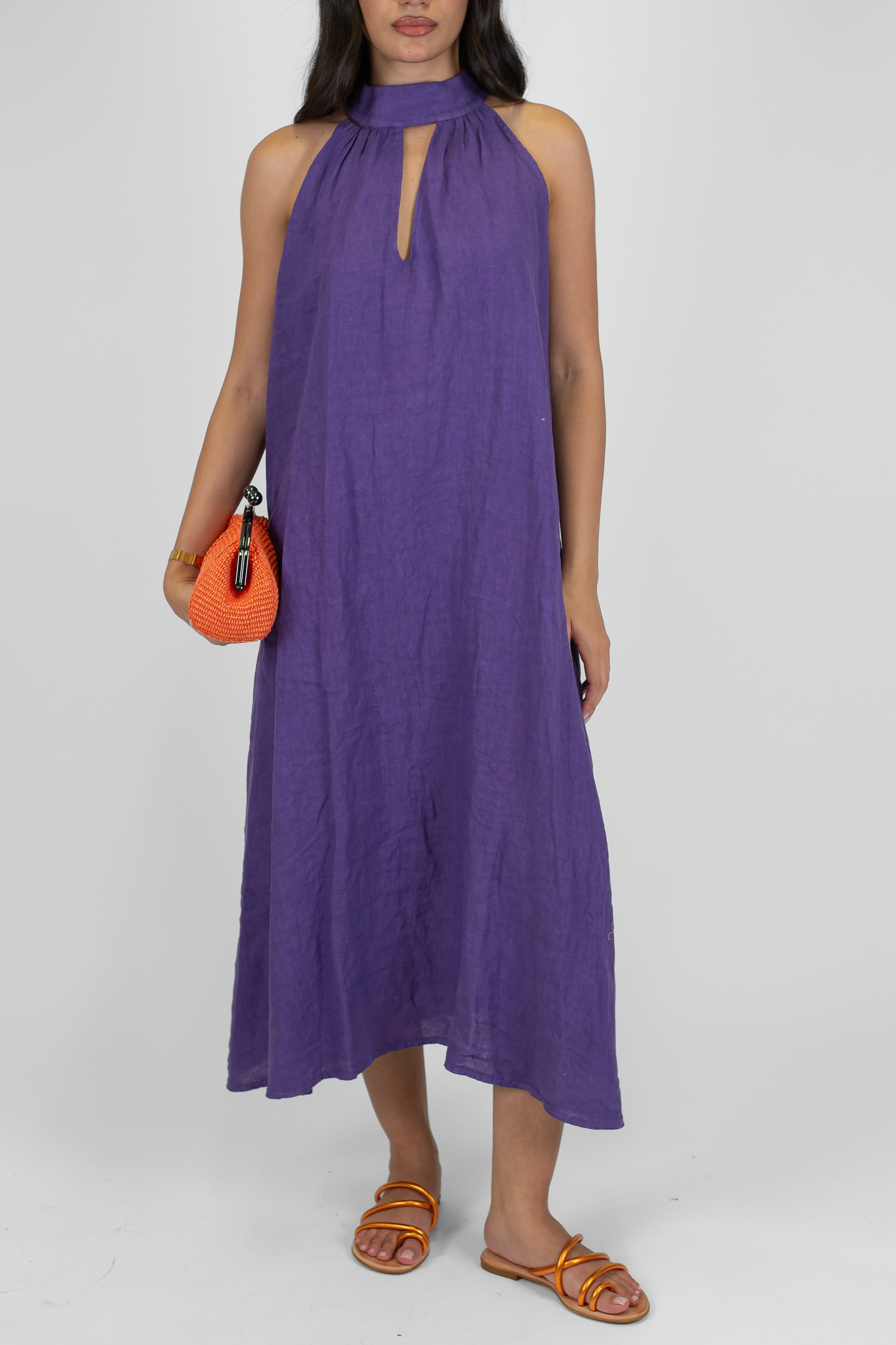 Haveone - Abito lungo in puro lino con scollo all'americana