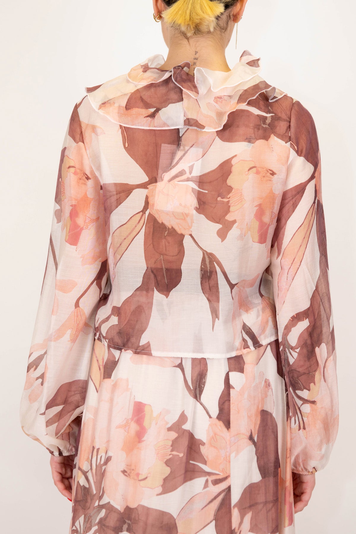 Haveone - Camicia crop fantasia floreale in lyocell con chiusura lacci e rouches