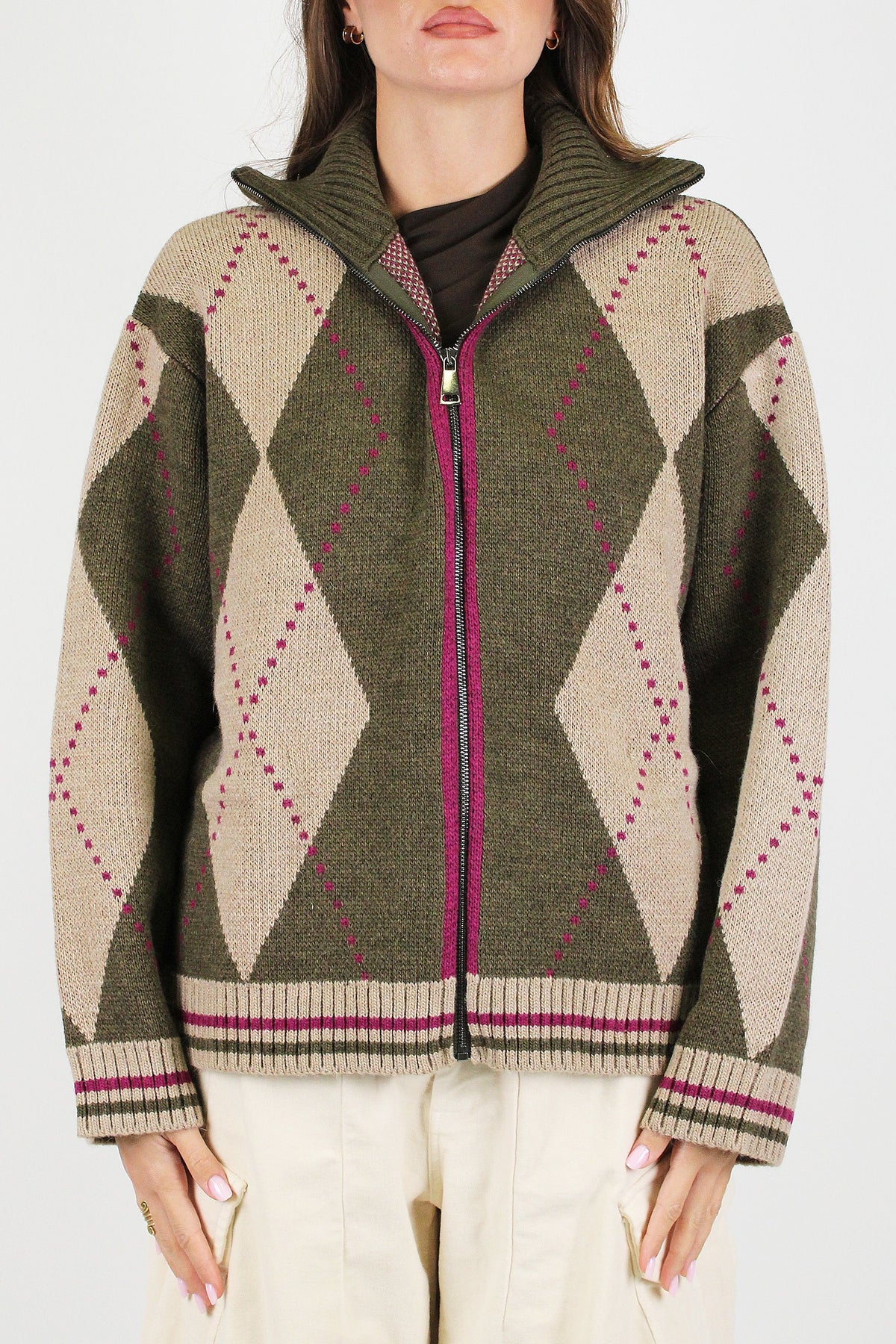 Motel - Cardigan fantasia rombi in misto lana con chiusura zip e profilo a contrasto