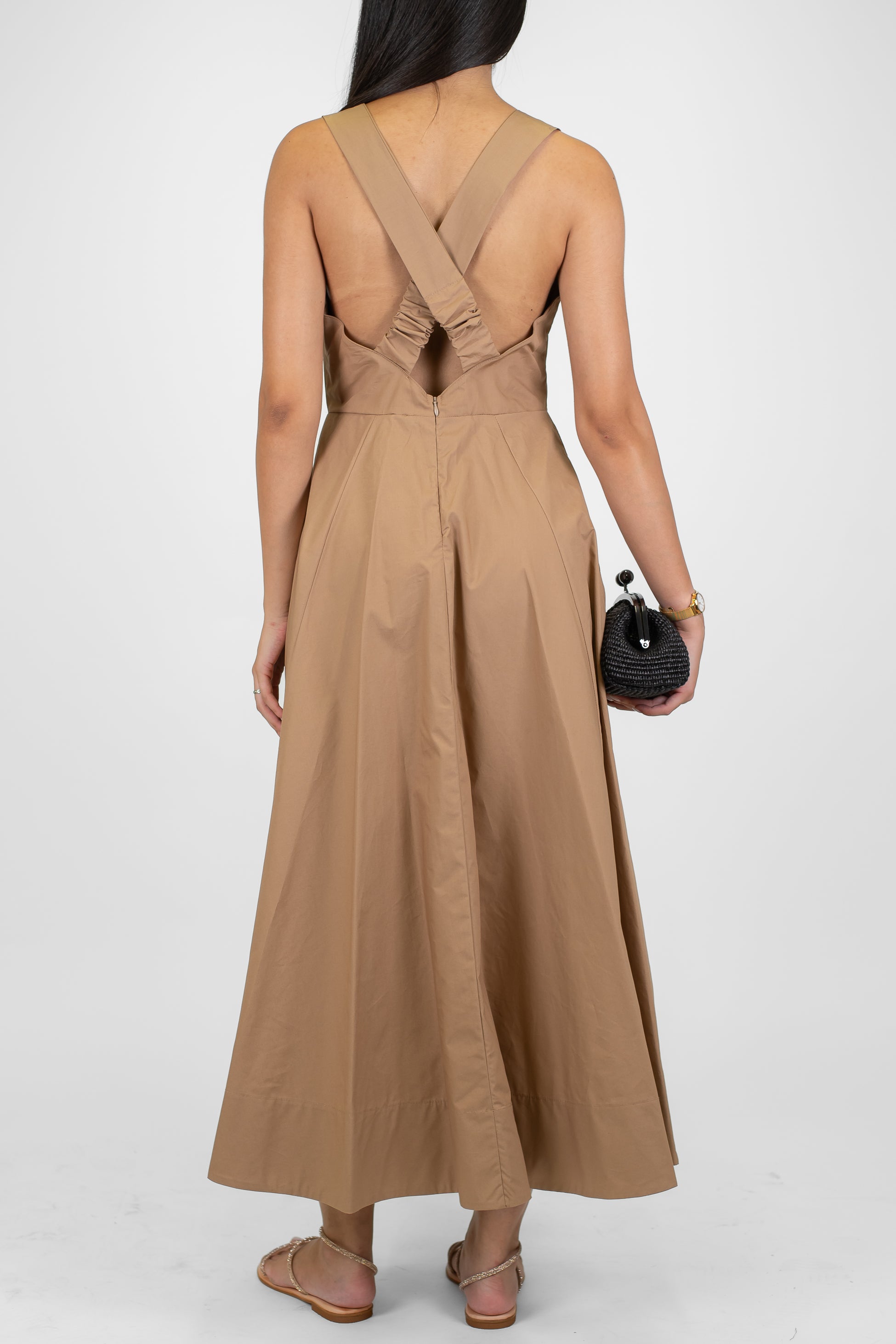 Dixie - Abito lungo in tela paracadute con scollo quadro e bretelle a fascia ad inrocio sul retro