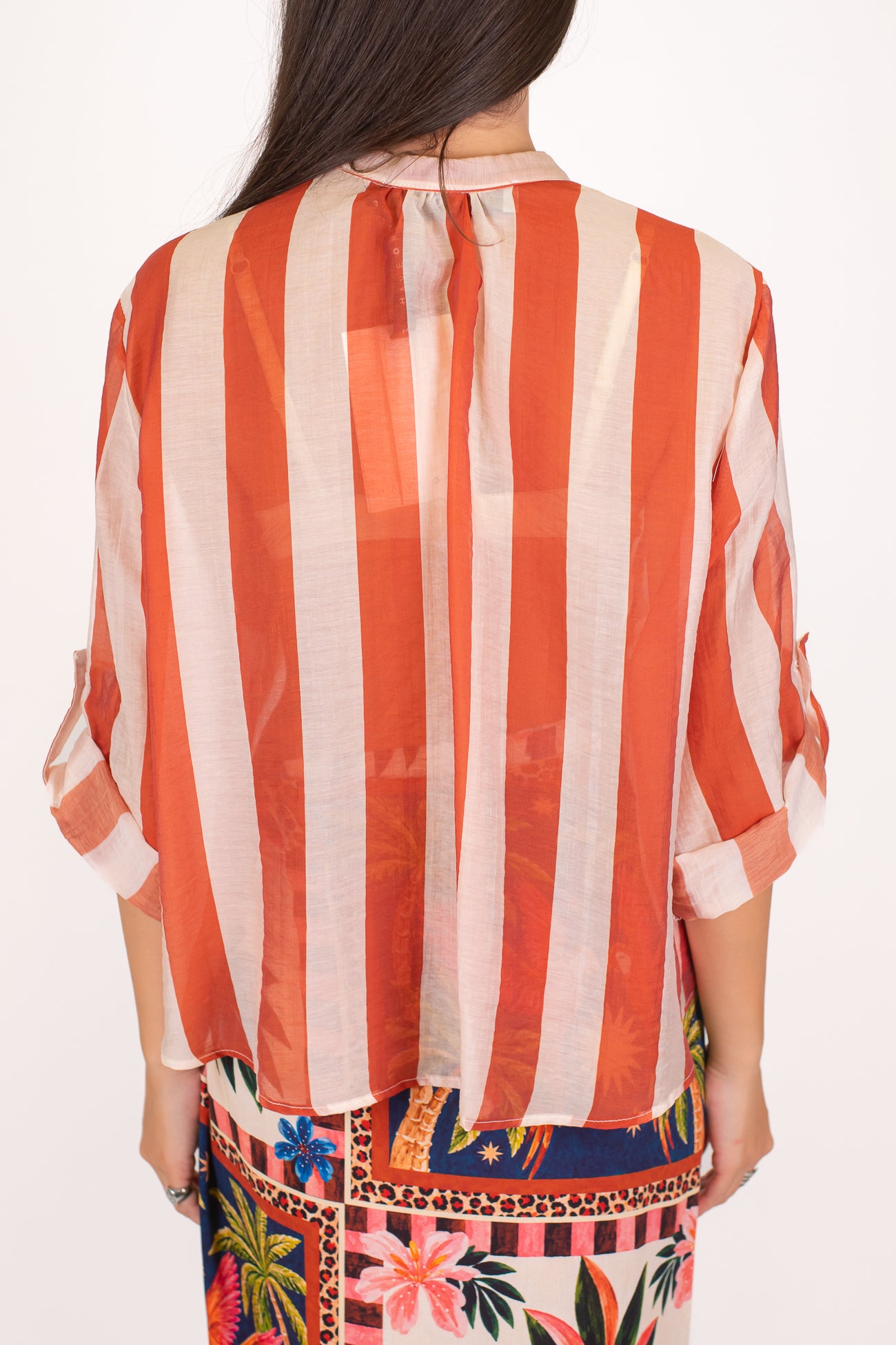 Haveone - Camicia fantasia a righe a contrasto in lyocell con manica tre quarti