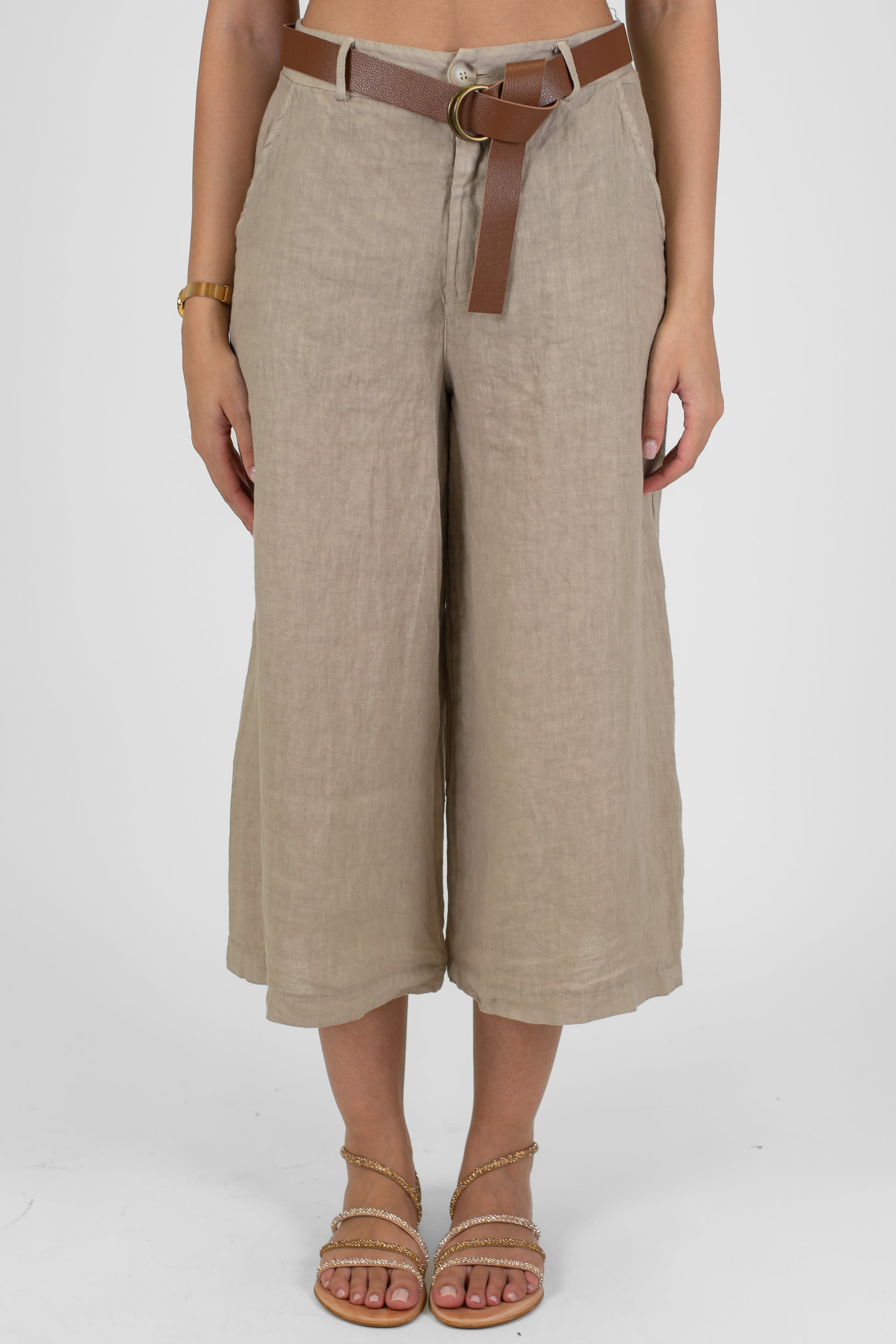 Haveone - Pantalone crop a gamba ampia in puro lino con elastico sul retro