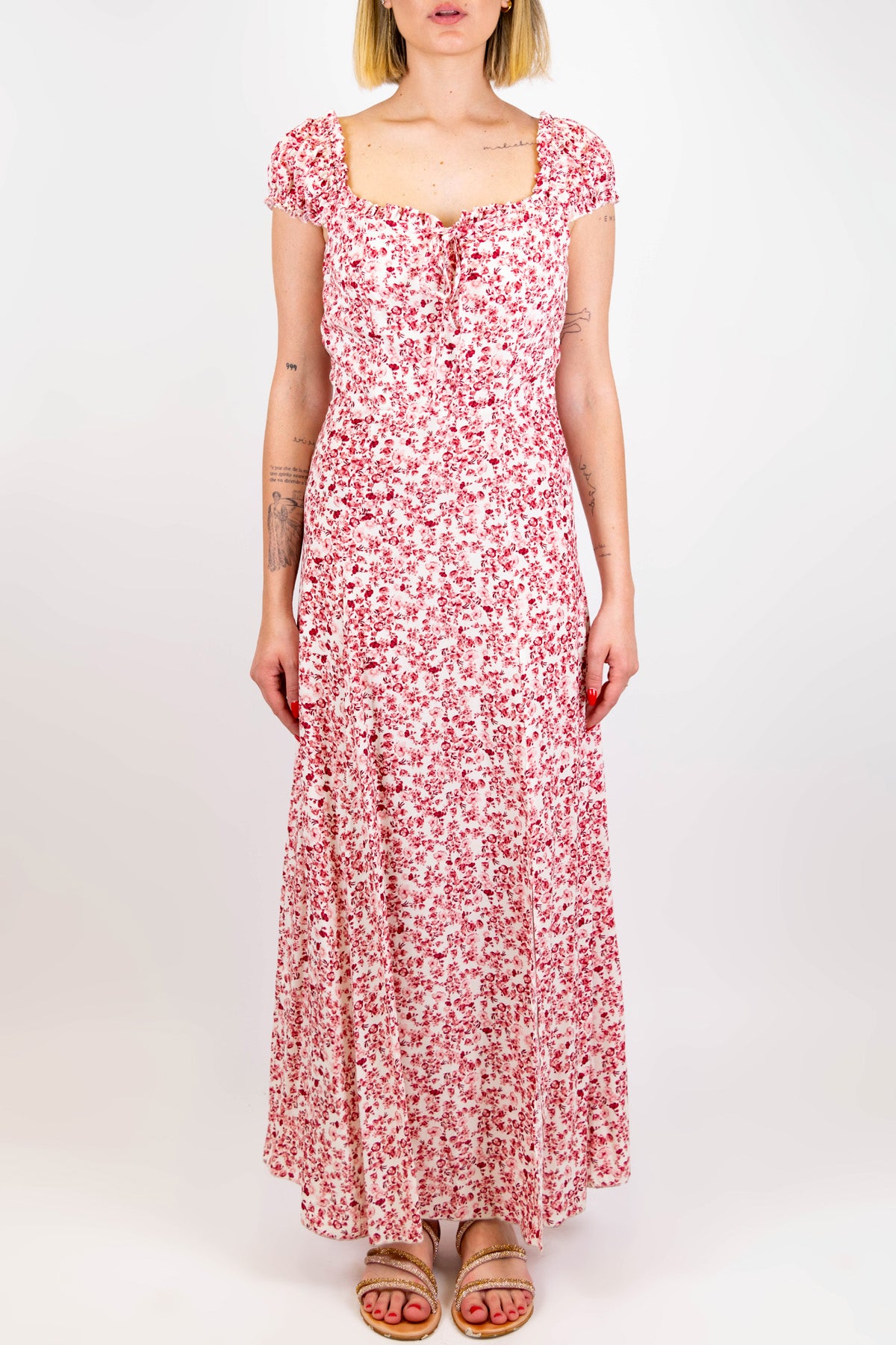 Tensione in - Abito lungo con scollo quadro fantasia provenzale in viscosa