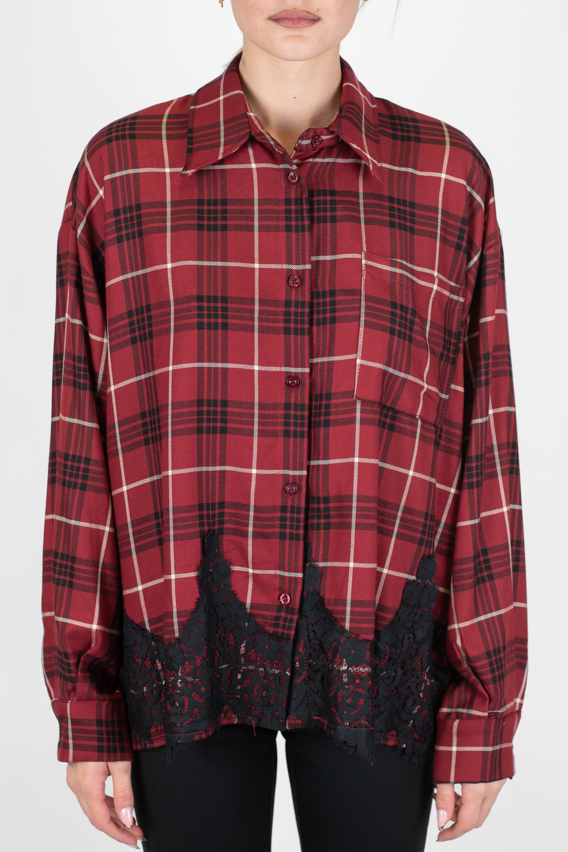 Tensione in - Camicia fantasia check con spalline e pizzo sul fondo