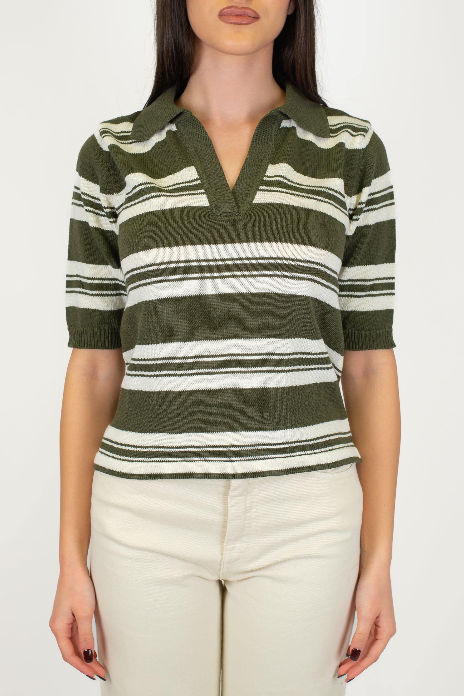 Maryley - Polo in maglia fantasia a righe con scollo a V