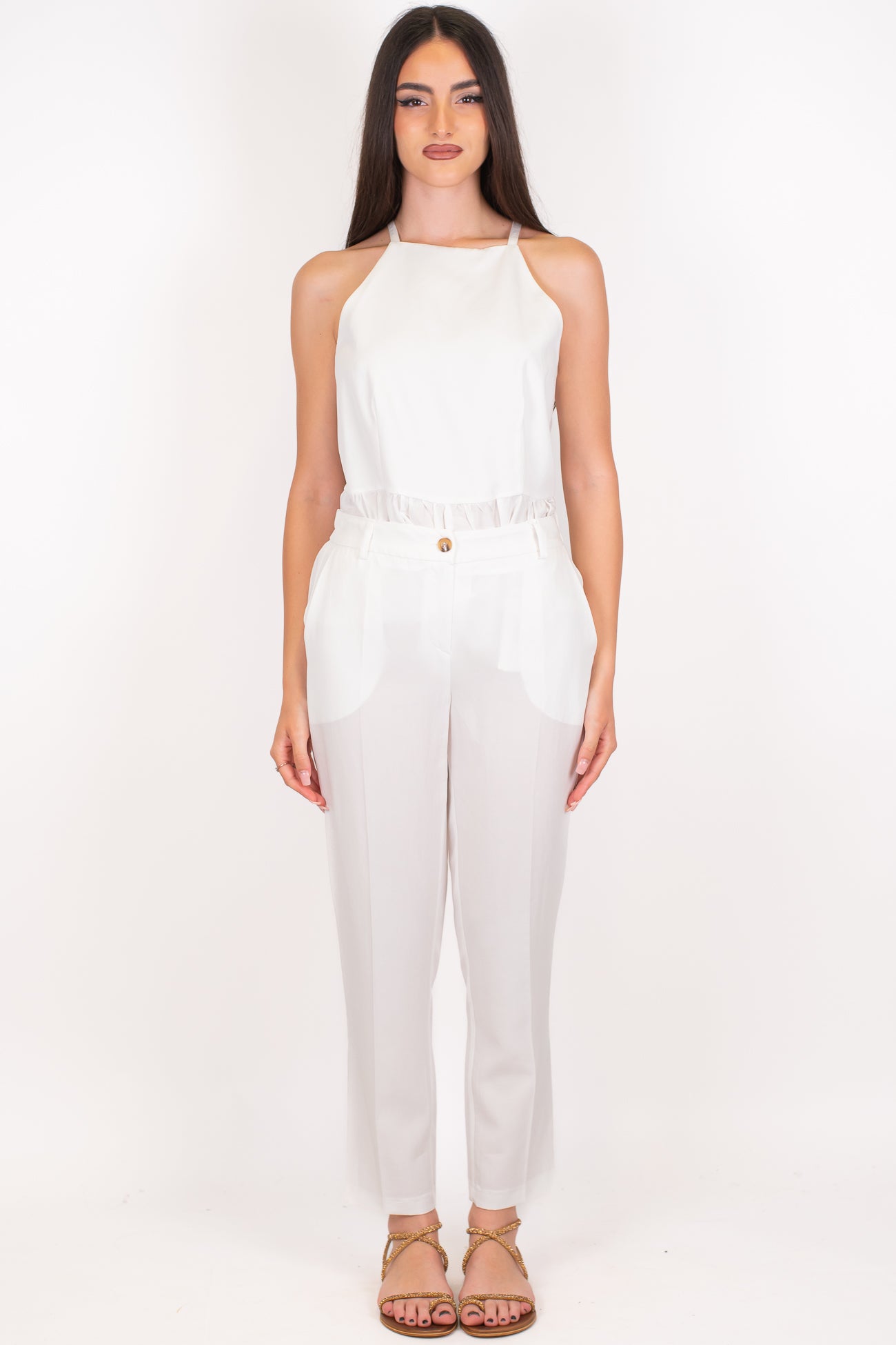 Motel - Coordinato in misto tencell e lino con top volant e pantalone slim con elastico sul retro
