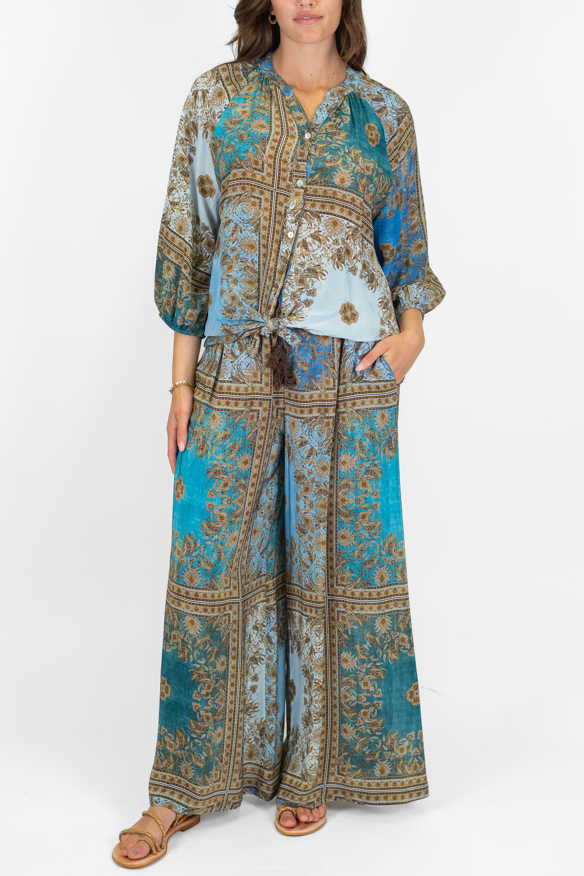 Motel - Pantalone palazzo fantasia astratta in viscosa con coulisse