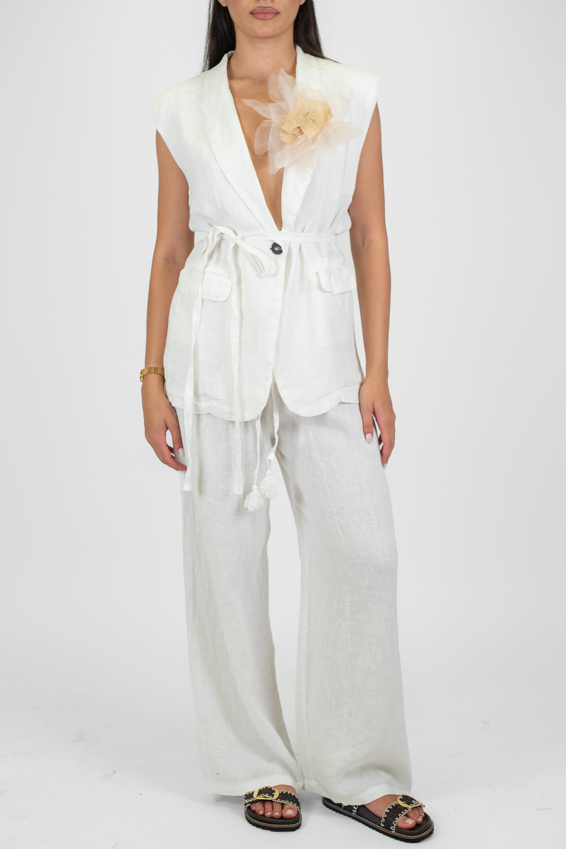 Tensione in - Pantalone palazzo in puro lino con coulisse