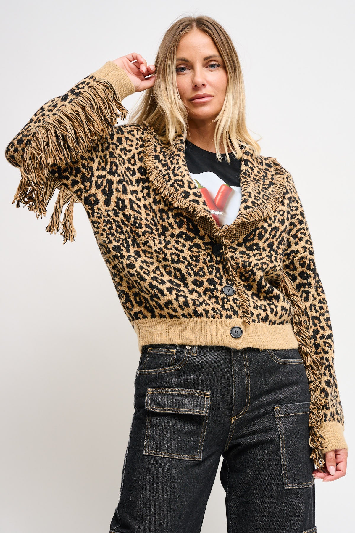 Maryley - Cardigan fantasia animalier con frange su collo e braccia