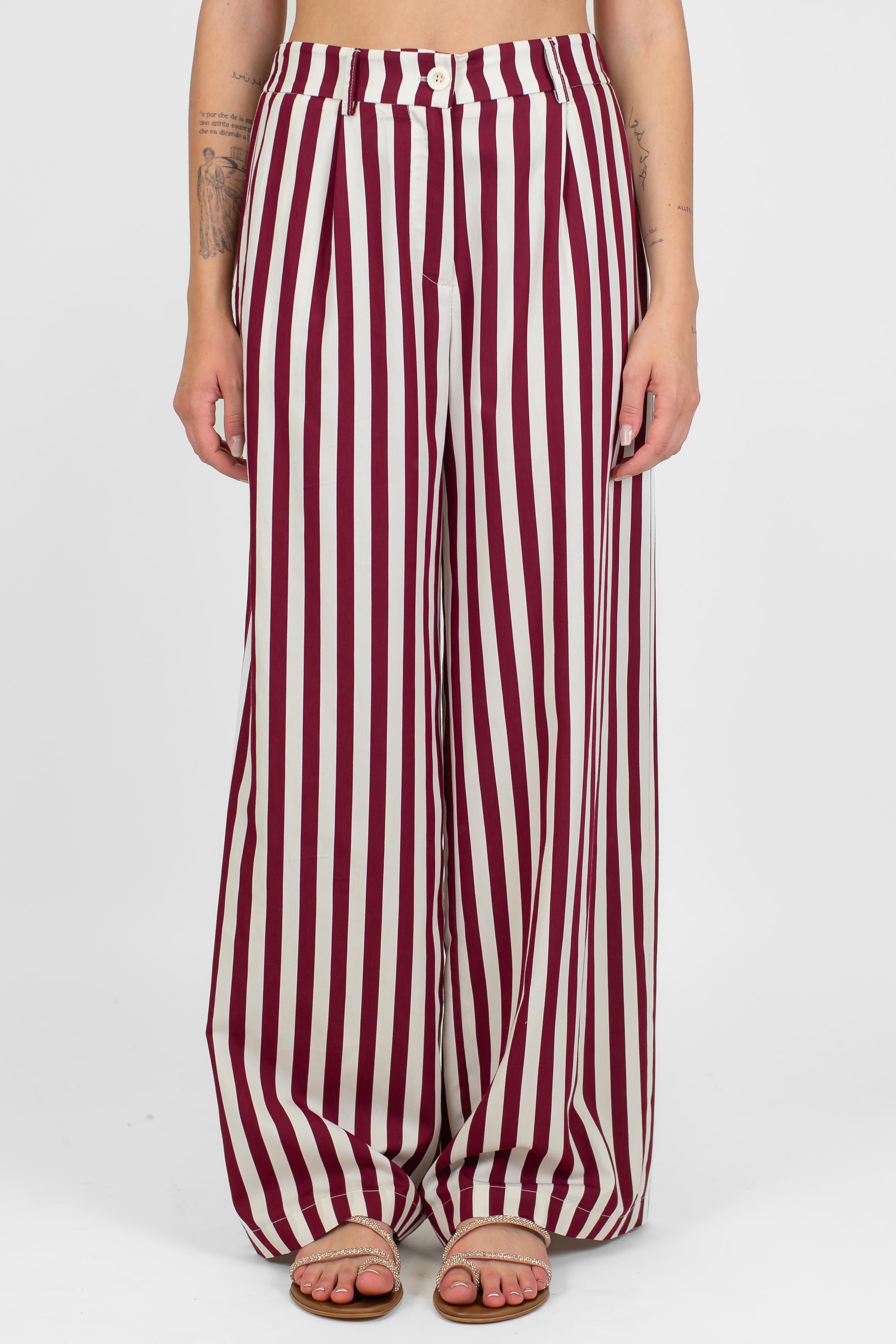 Motel - Pantalone palazzo fantasia a righe in viscosa leggera con elastico sul retro