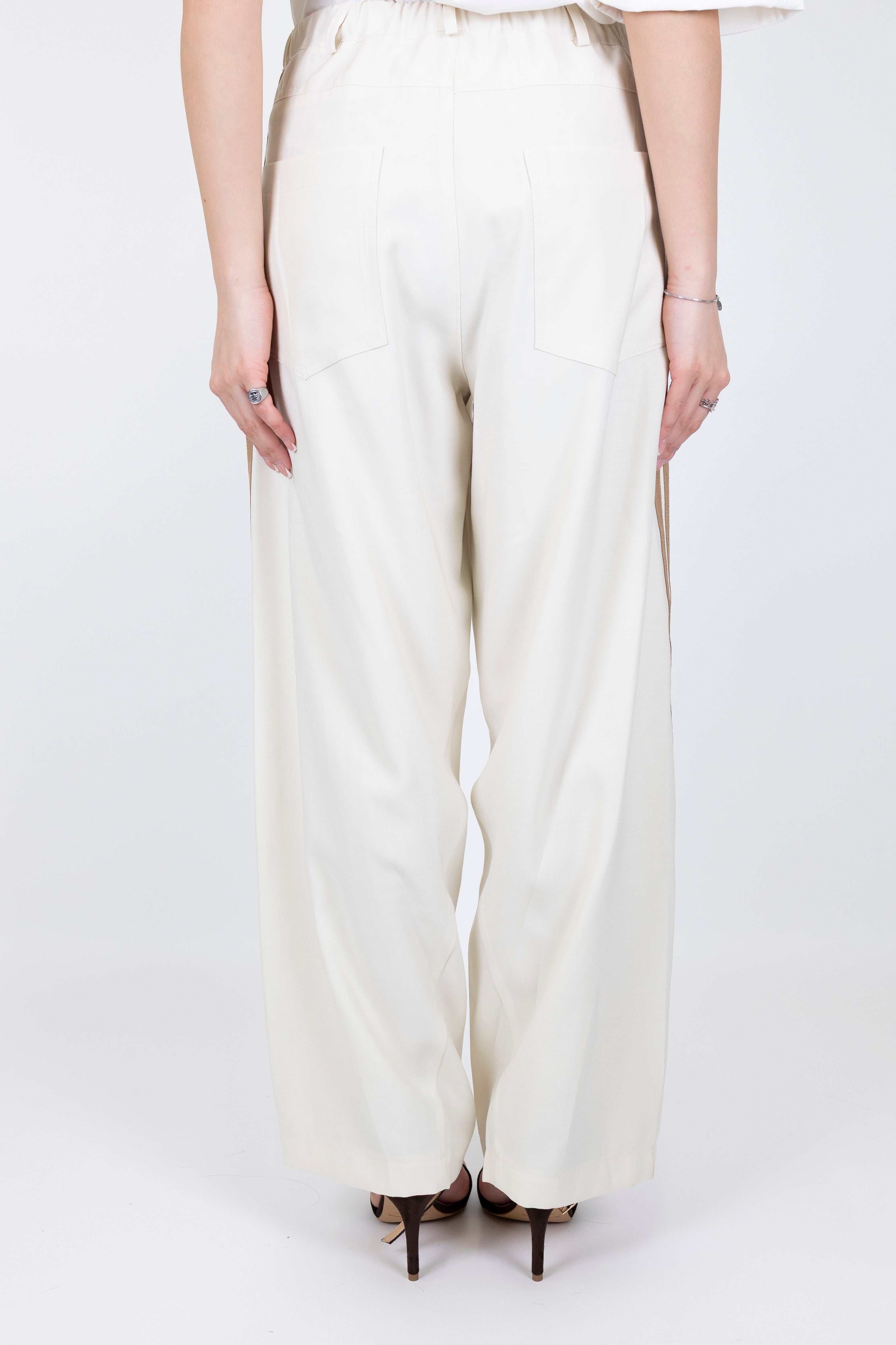 Maryley - Pantalone palazzo in viscosa leggera con coulisse e bande laterali a contrasto
