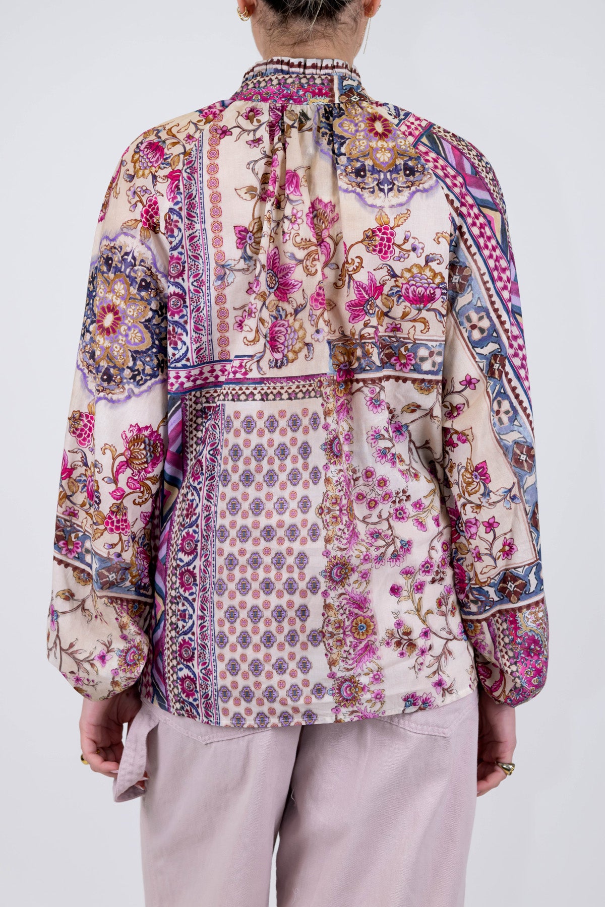 Dixie - Camicia fantasia floreale astratta in mussola di cotone con laccio al collo