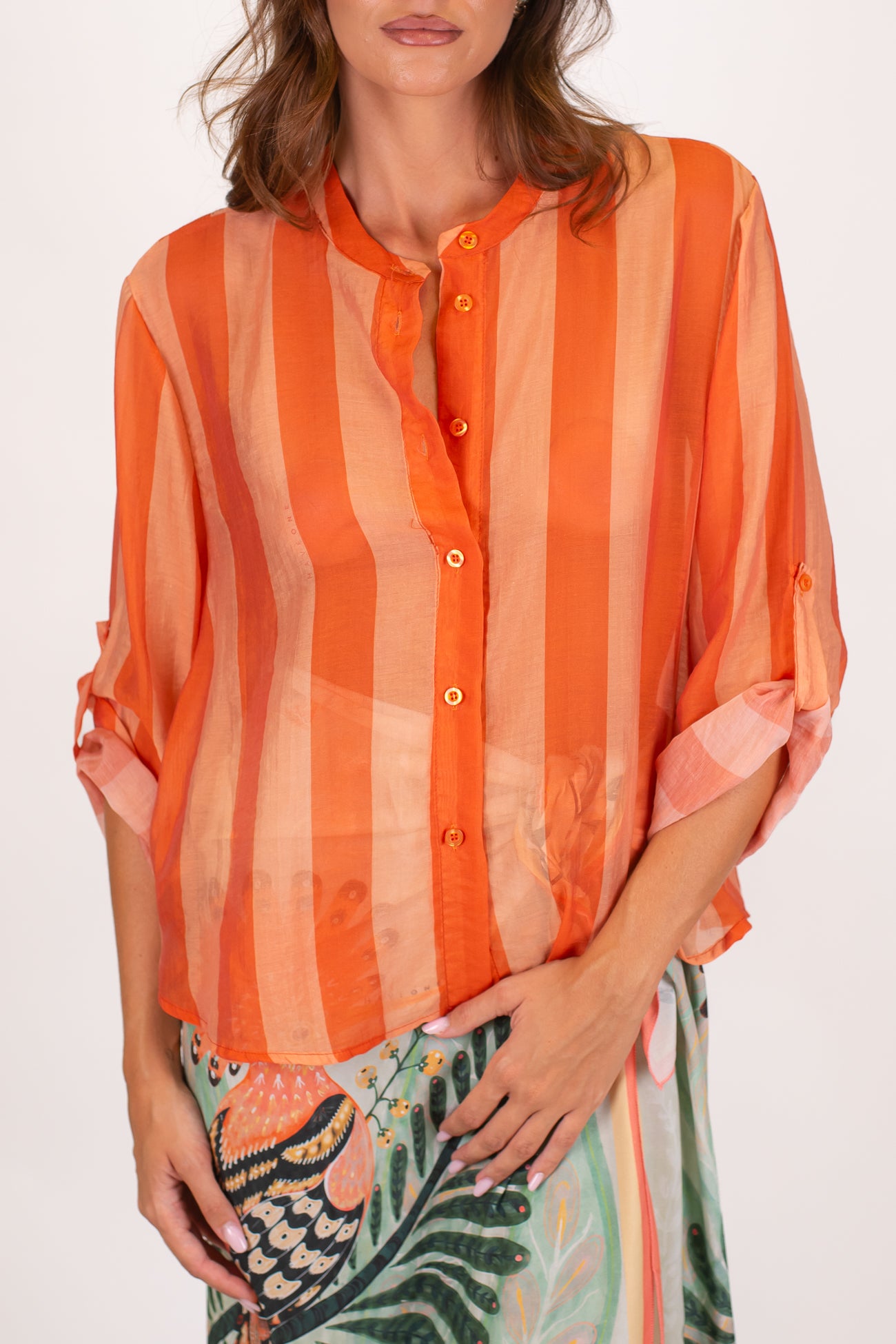 Haveone - Camicia fantasia a righe a contrasto in lyocell con manica tre quarti