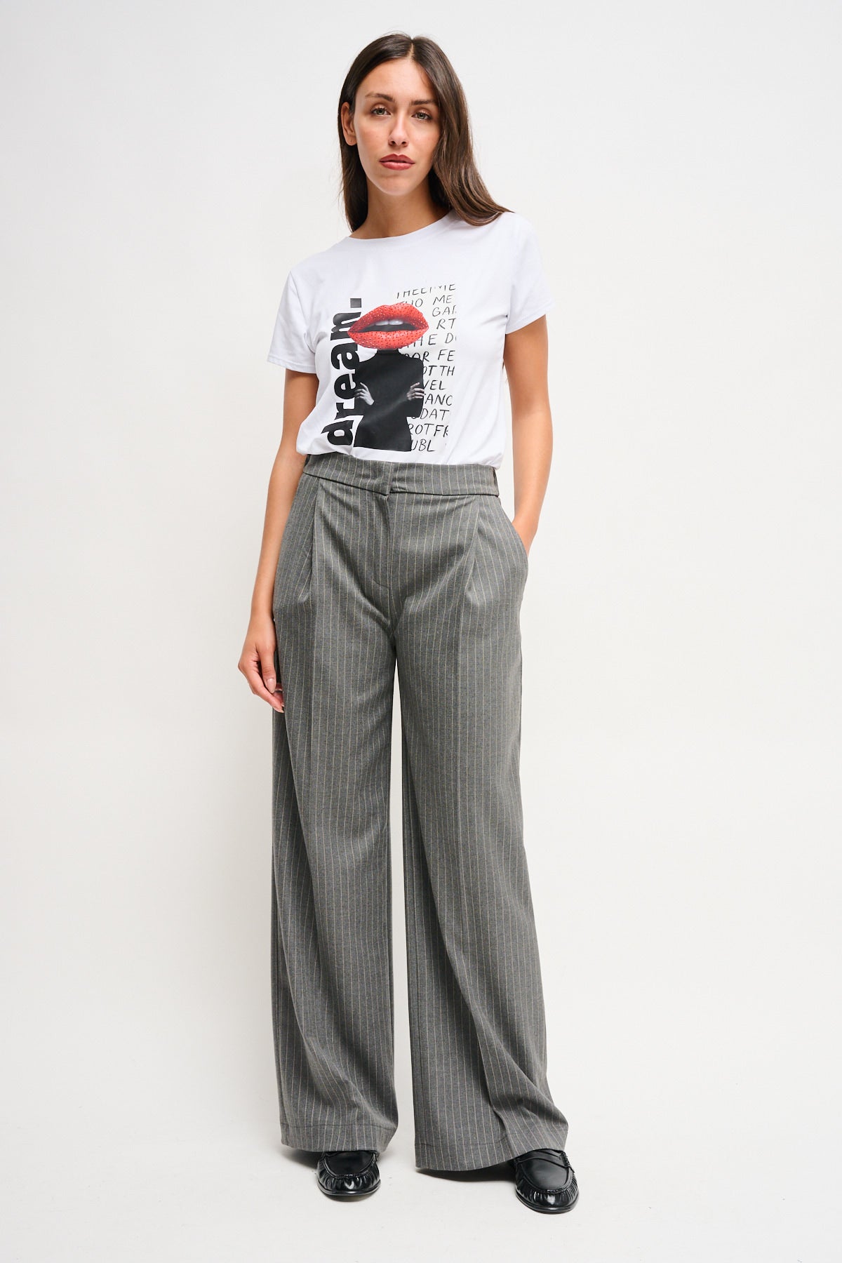 Maryley - Pantalone palazzo gessato con elastico in vita e tasche a filo