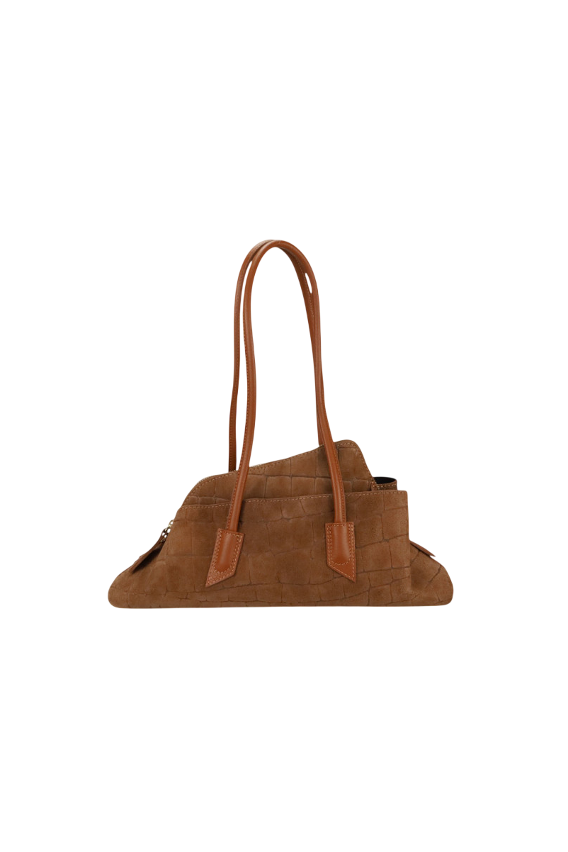 Borsa media trapezio in camoscio cocco con manici e tracolla