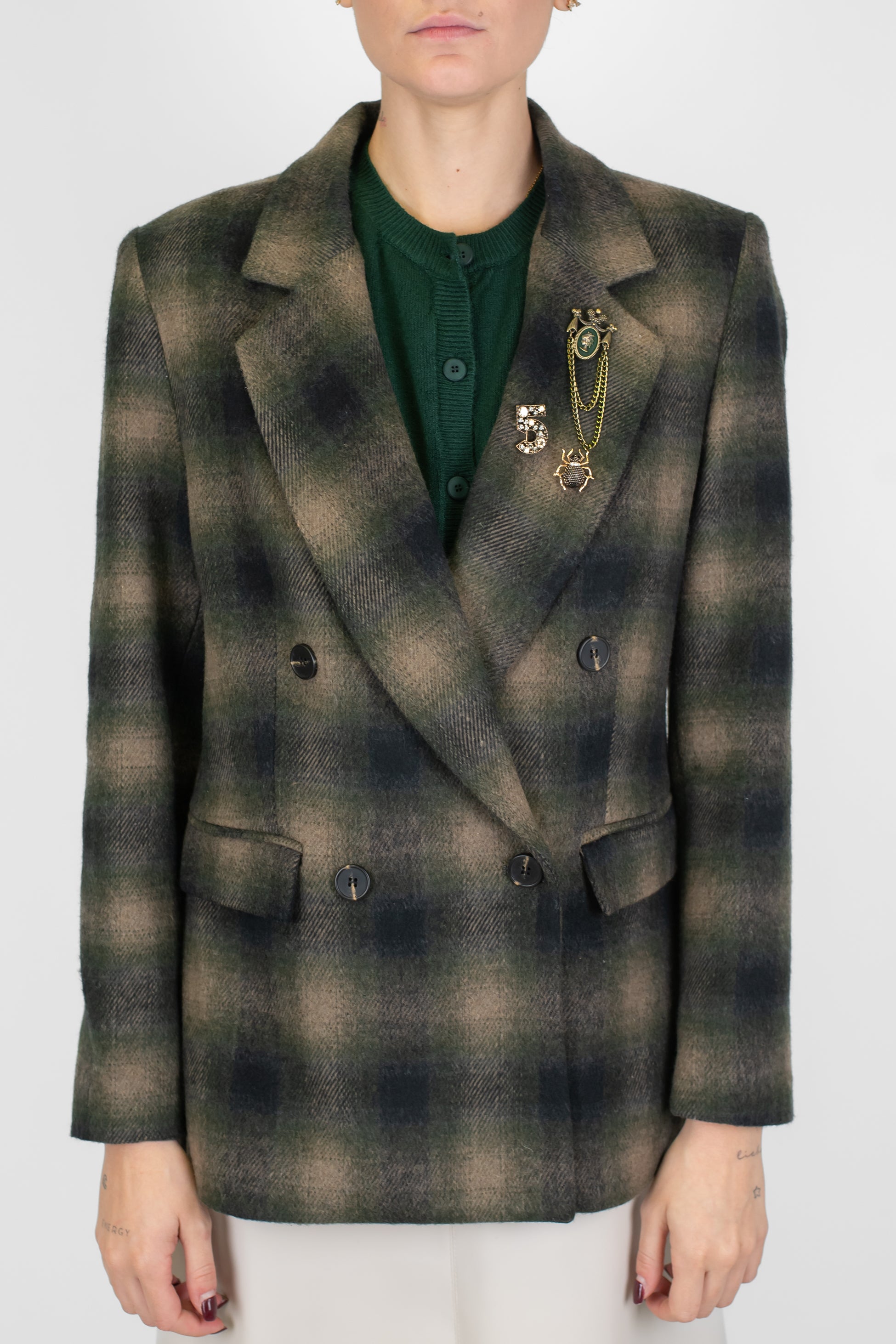 Motel - Giacca fantasia quadri in misto lana con spalline e spille