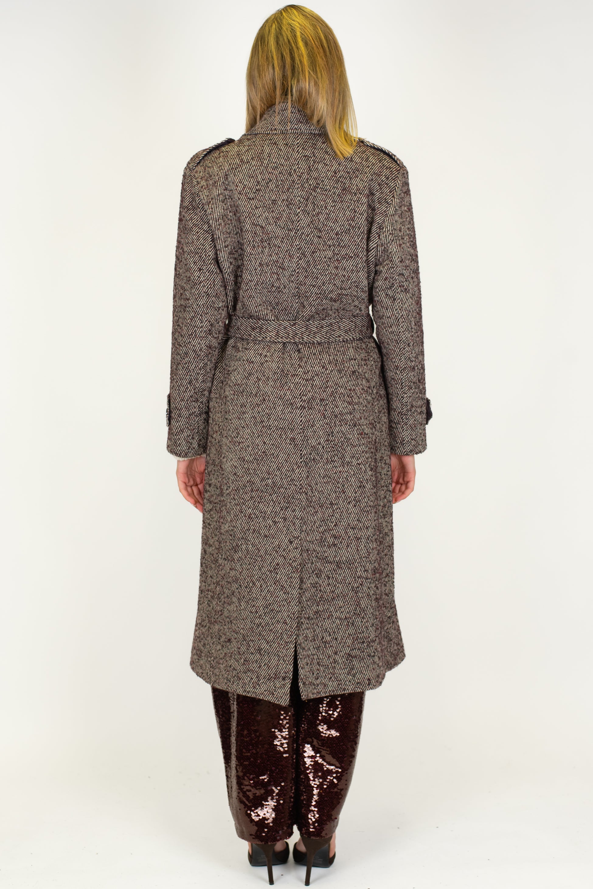 Tensione in - Cappotto lungo doppipetto fantasia spinata in misto lana con cintura in tessuto