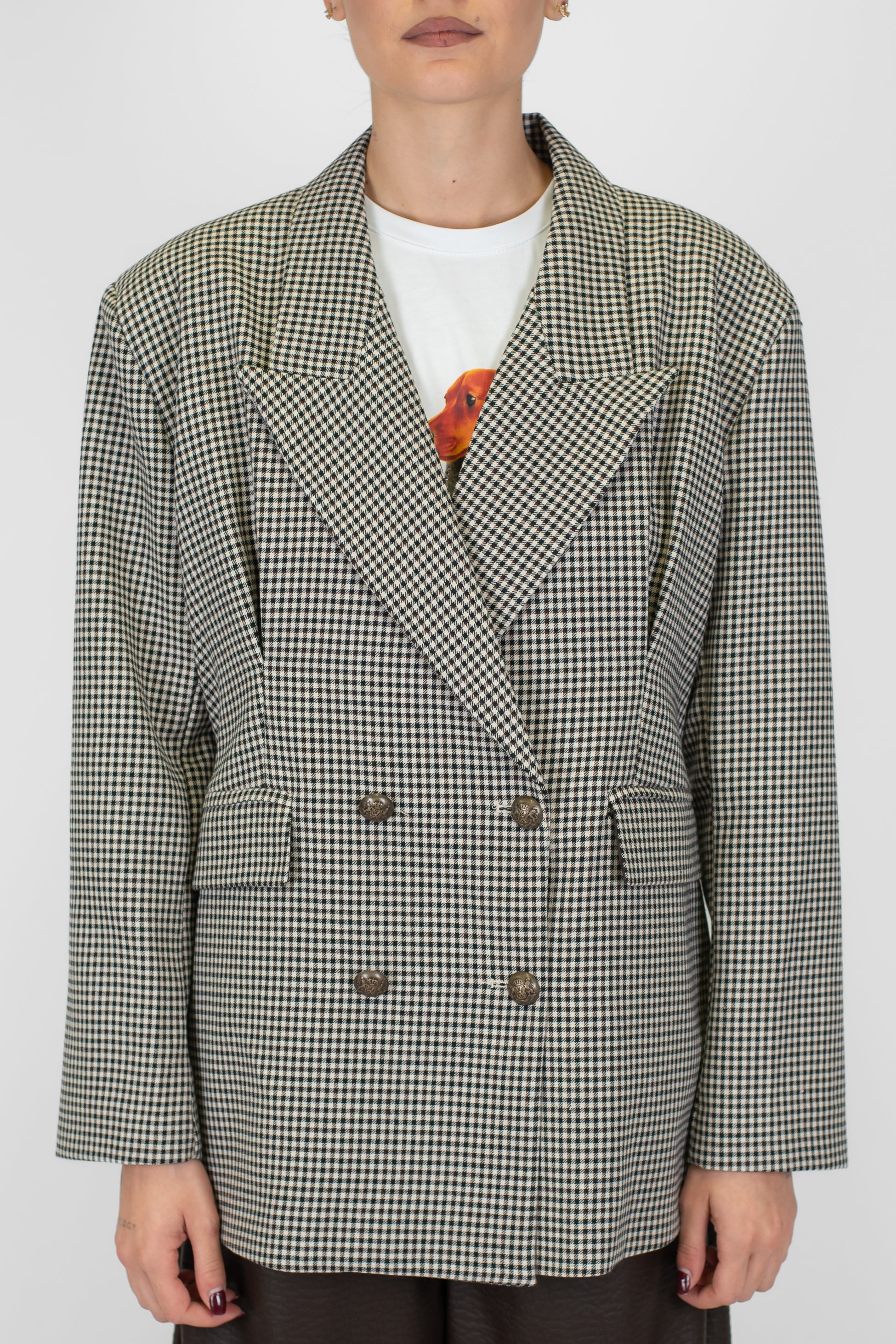 Tensione in - Giacca doppiopetto microfantasia quadri con spalline e pinces sul retro