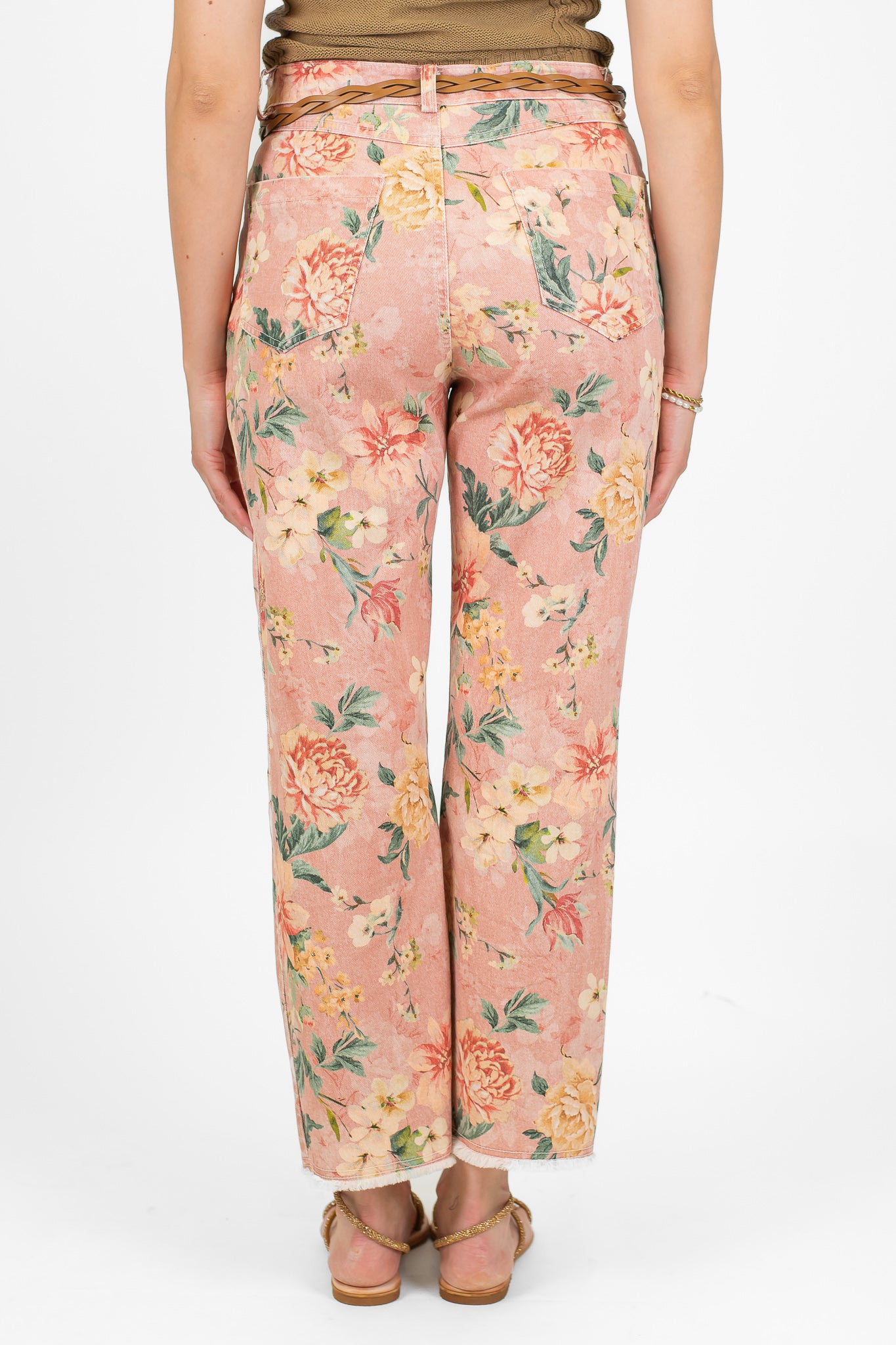 Tensione in - Pantalone fantasia floreale in denim sfrangiato sul fondo