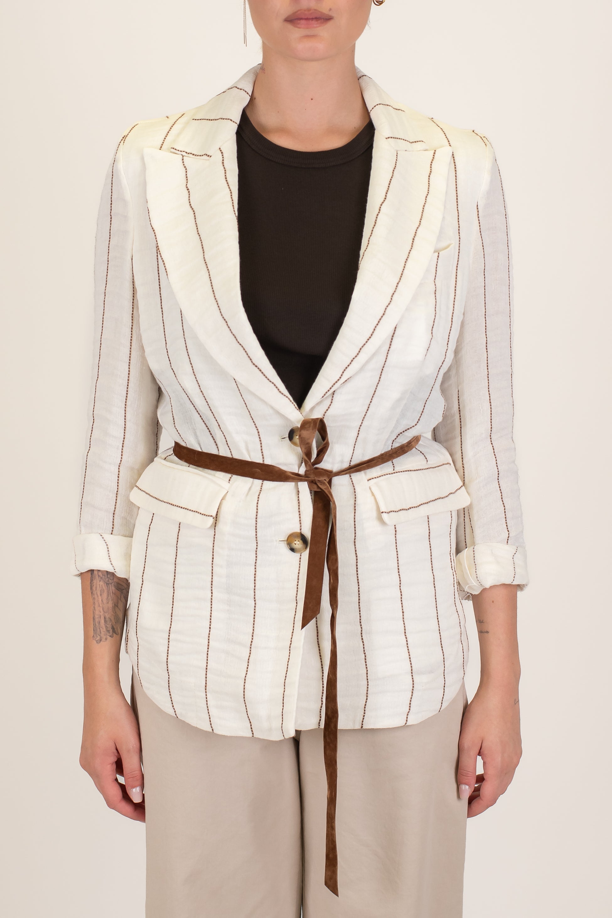 Tensione in - Giacca gessata sfoderata in misto lino