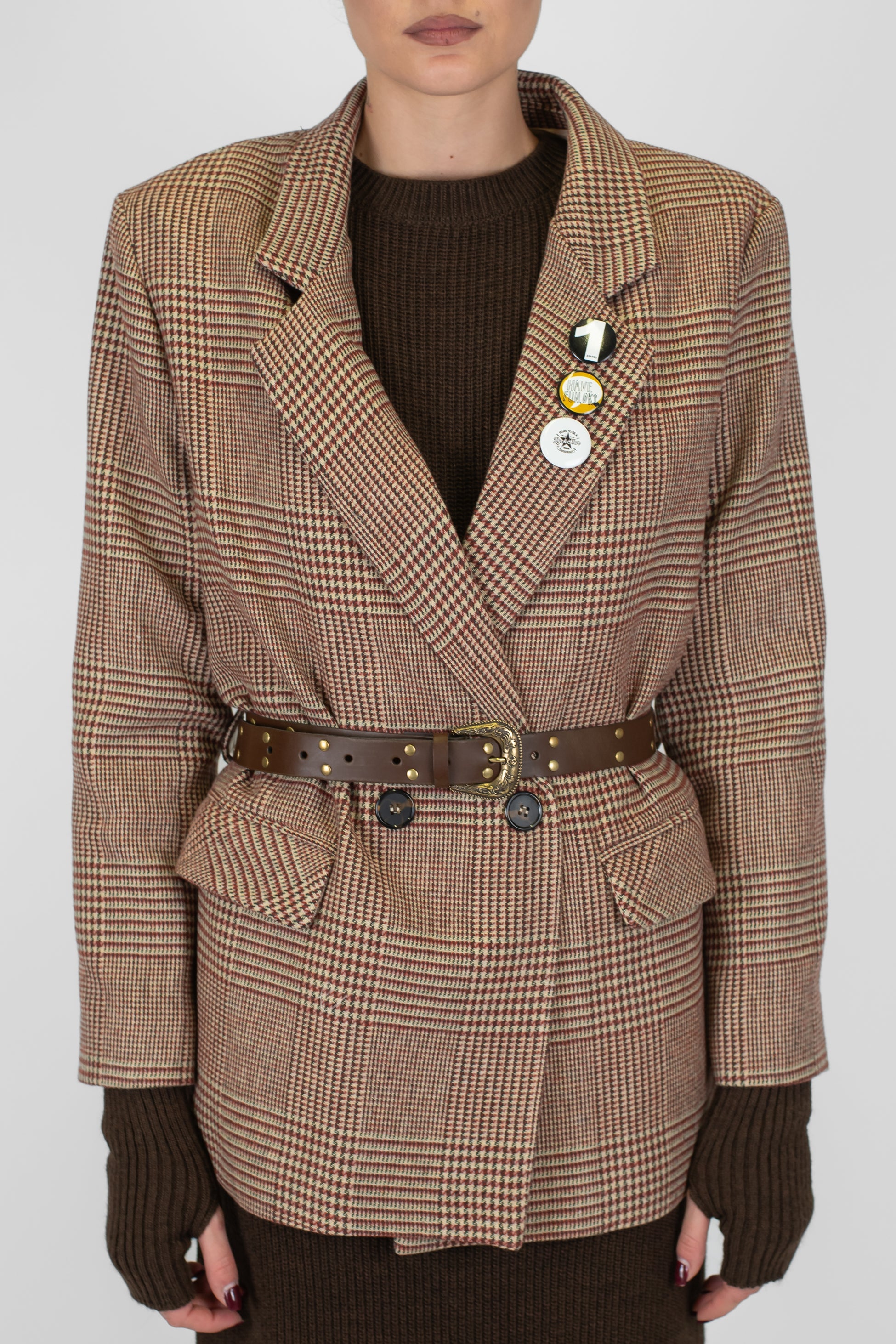 DIxie - Giacca doppiopetto fantasia principe di galles in misto lana con spille