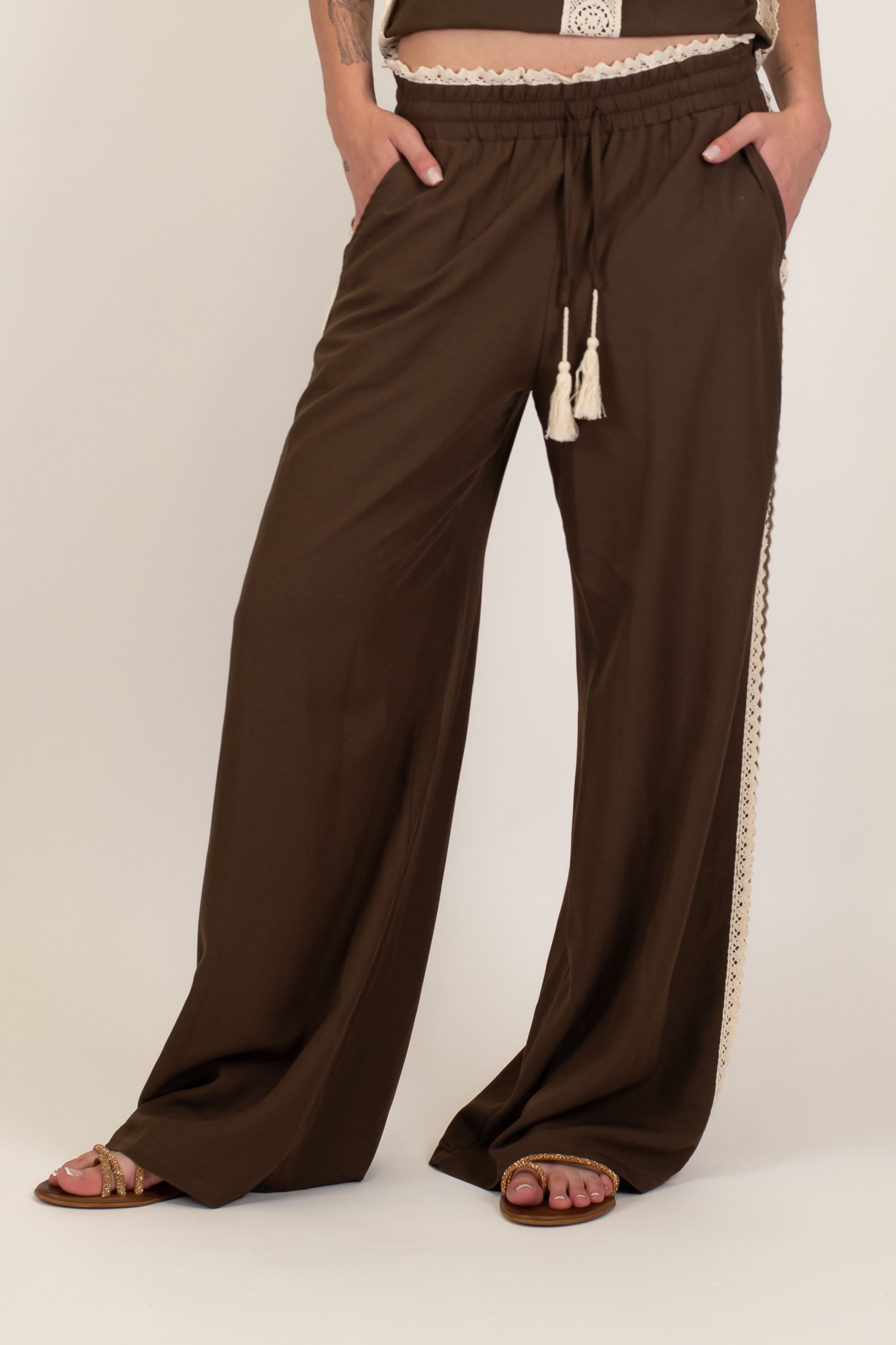 Motel - Pantalone palazzo in misto viscosa e lino con coulisse e profilo in crochet