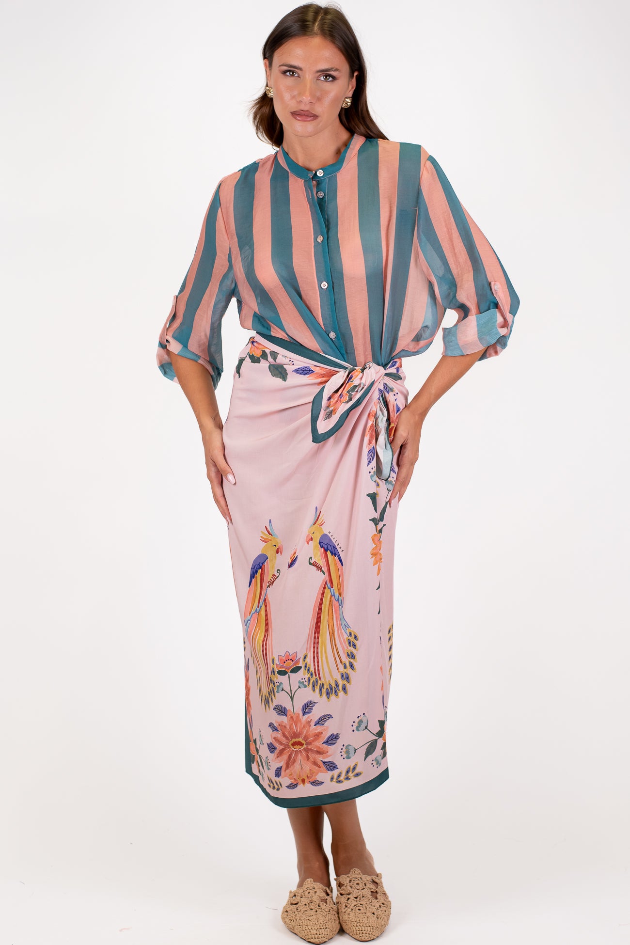 Haveone - Camicia fantasia a righe a contrasto in lyocell con manica tre quarti