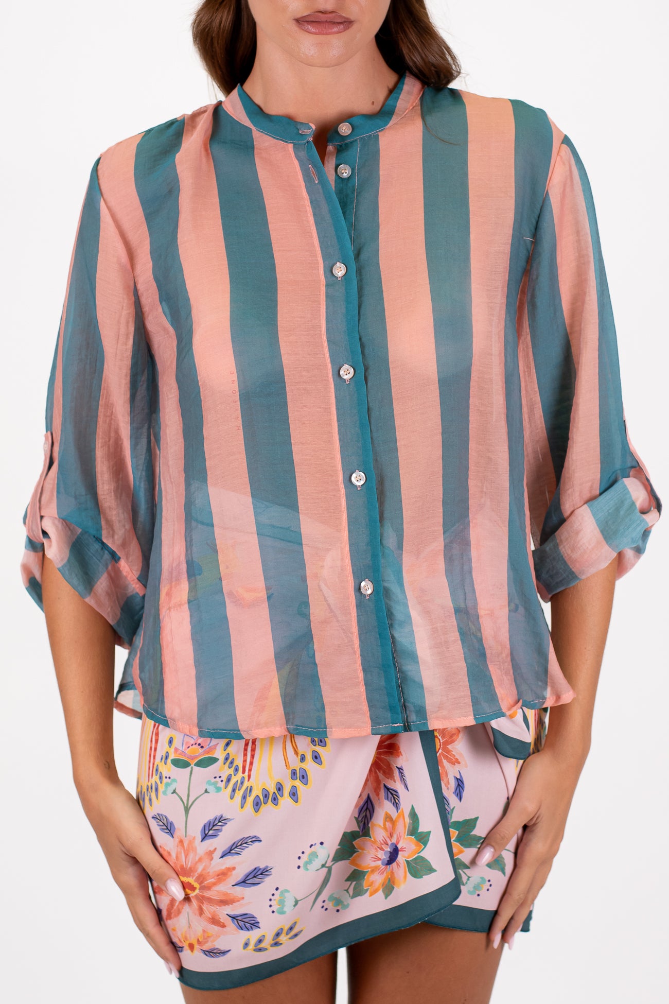 Haveone - Camicia fantasia a righe a contrasto in lyocell con manica tre quarti