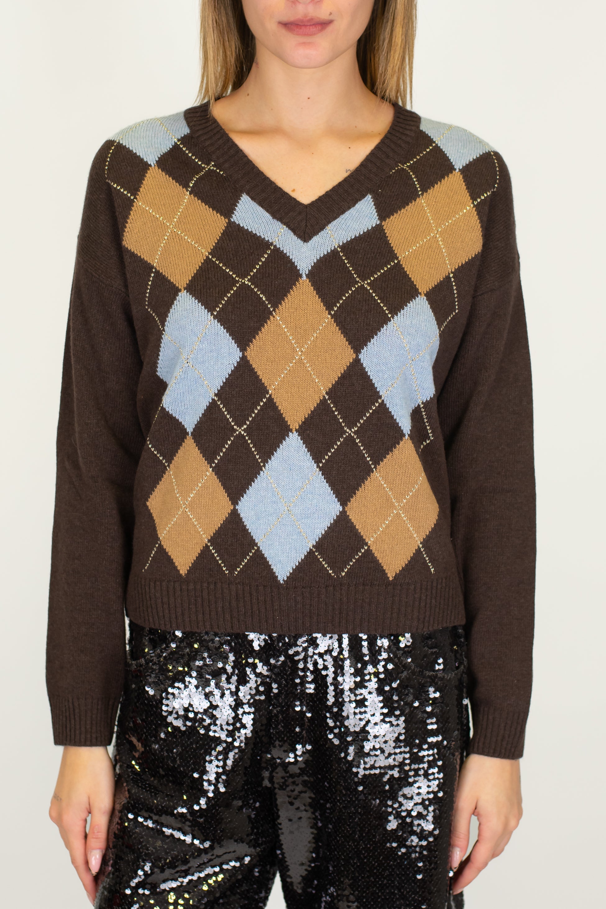 Tensione in - Maglia scollo V in misto lana fantasia rombi