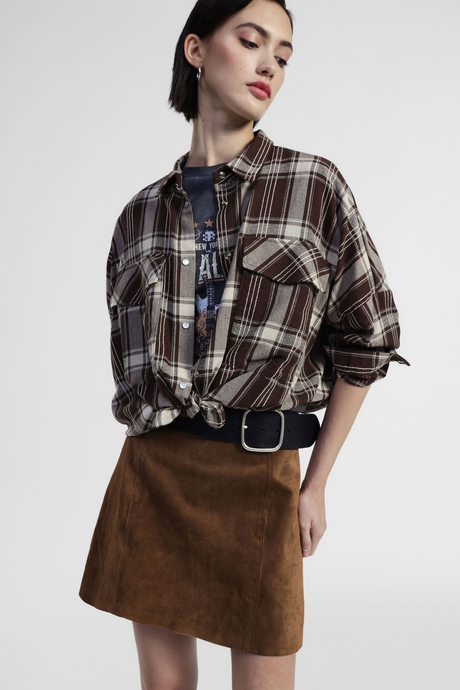 Dixie - Camicia fantasia quadri con taschino e nodo frontale