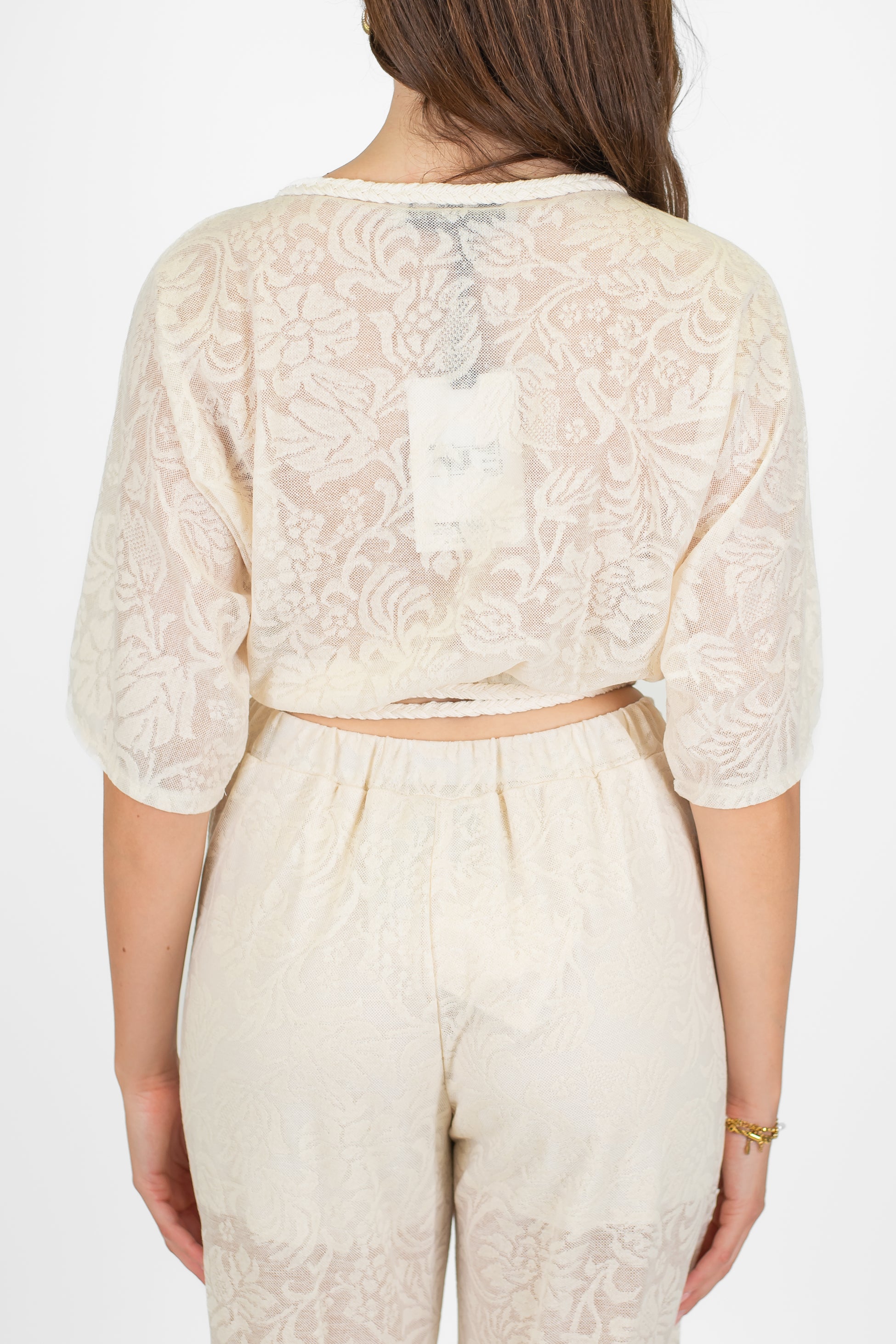 Haveone - Camicia kimono scollo a V mezzamanica con ricamo in pizzo