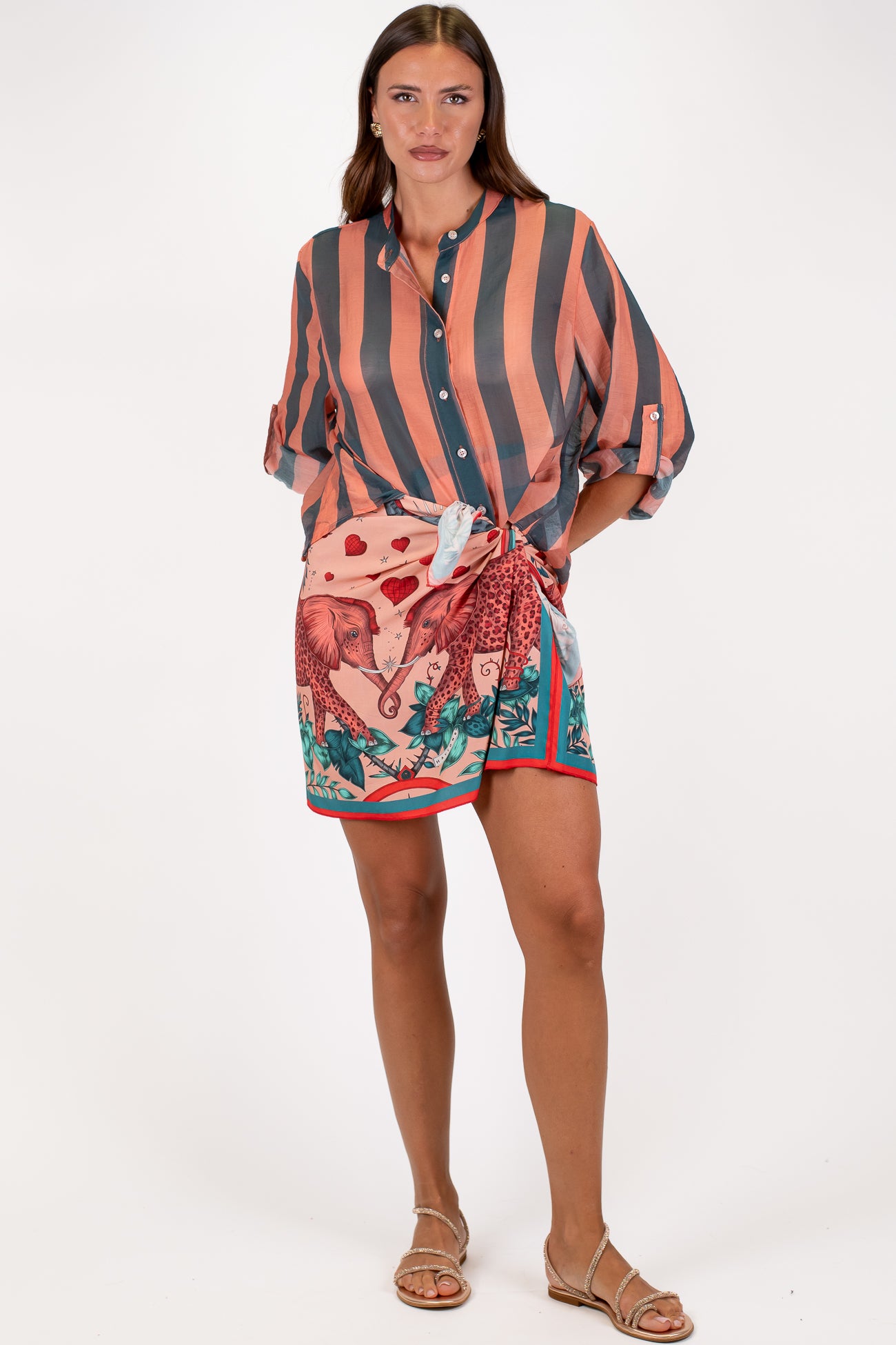 Haveone - Minigonna pareo fantasia elefanti con cuori in viscosa leggera