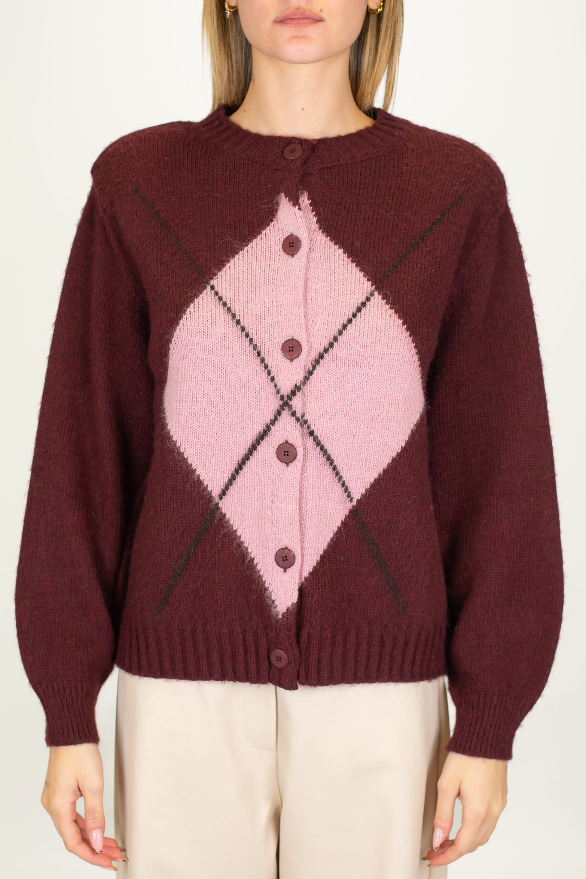 Maryley - Cardigan fantasia rombi a contrasto in misto lana con spalline